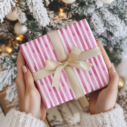 a woman is holding a pink and white present in front of a christmas tree