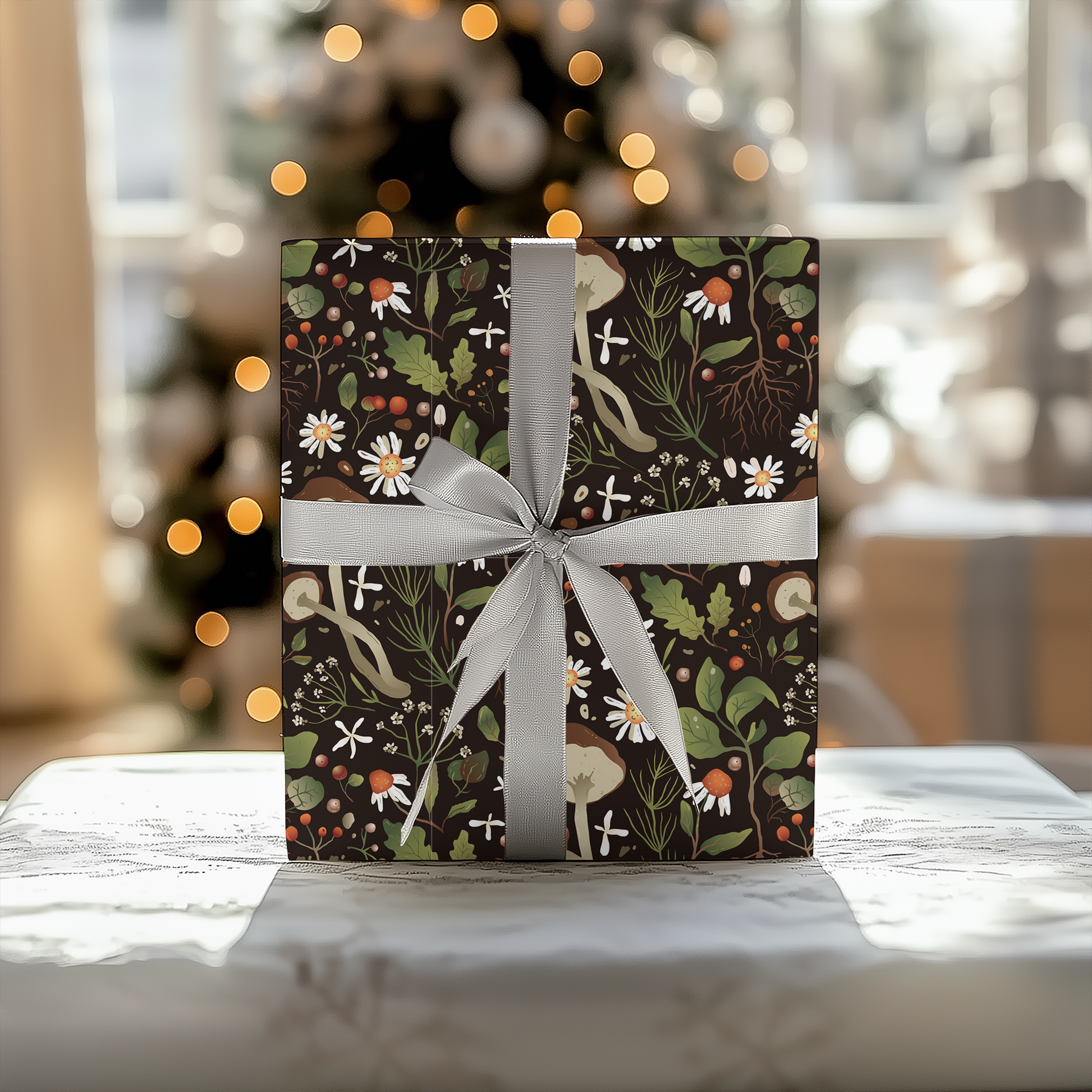 a gift box with a bow on a table in front of a christmas tree