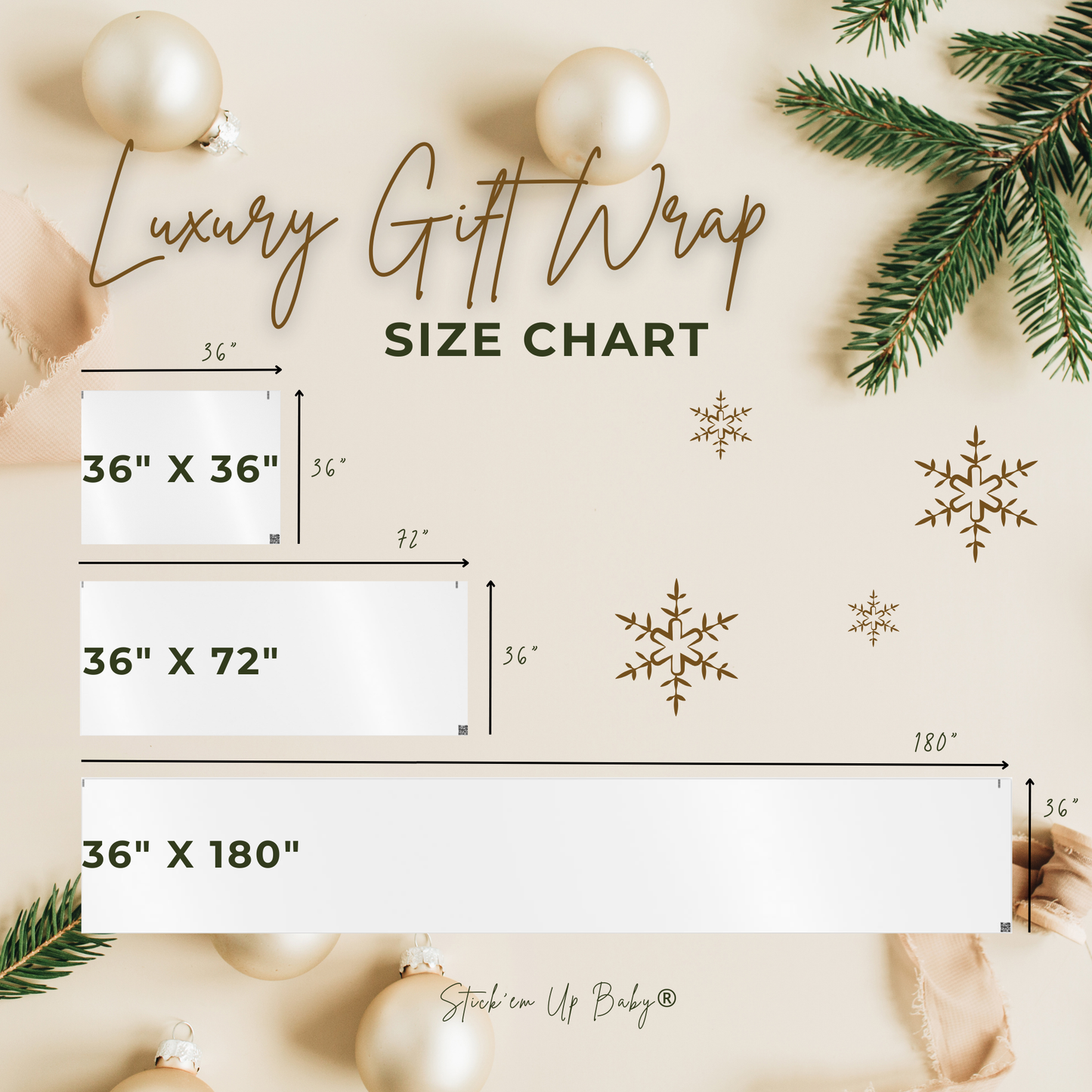 a christmas tree with ornaments and a sign that says, every gift way size chart
