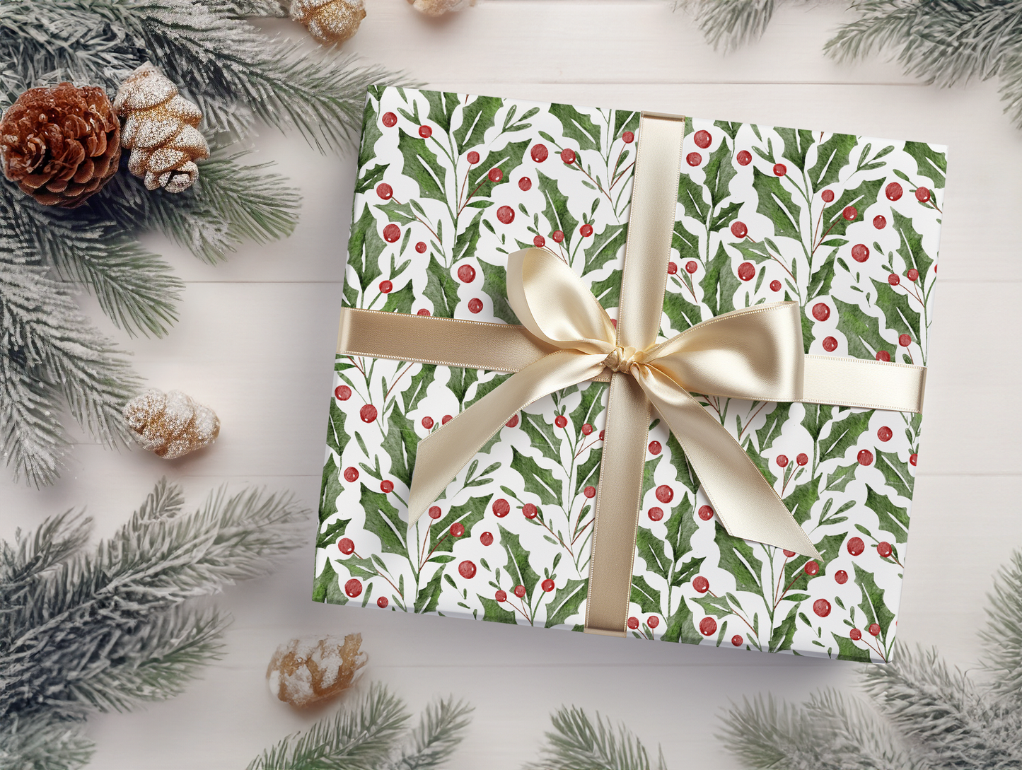 a present wrapped in a christmas wrapping paper with a gold bow