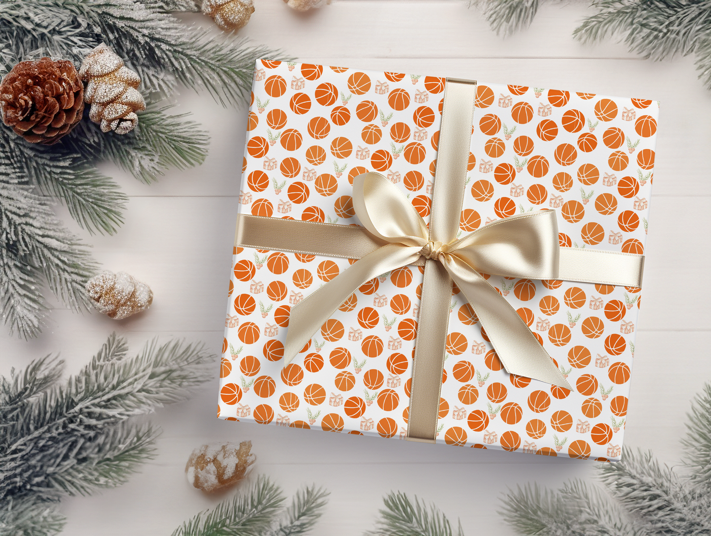a present wrapped in orange and white paper with a gold bow