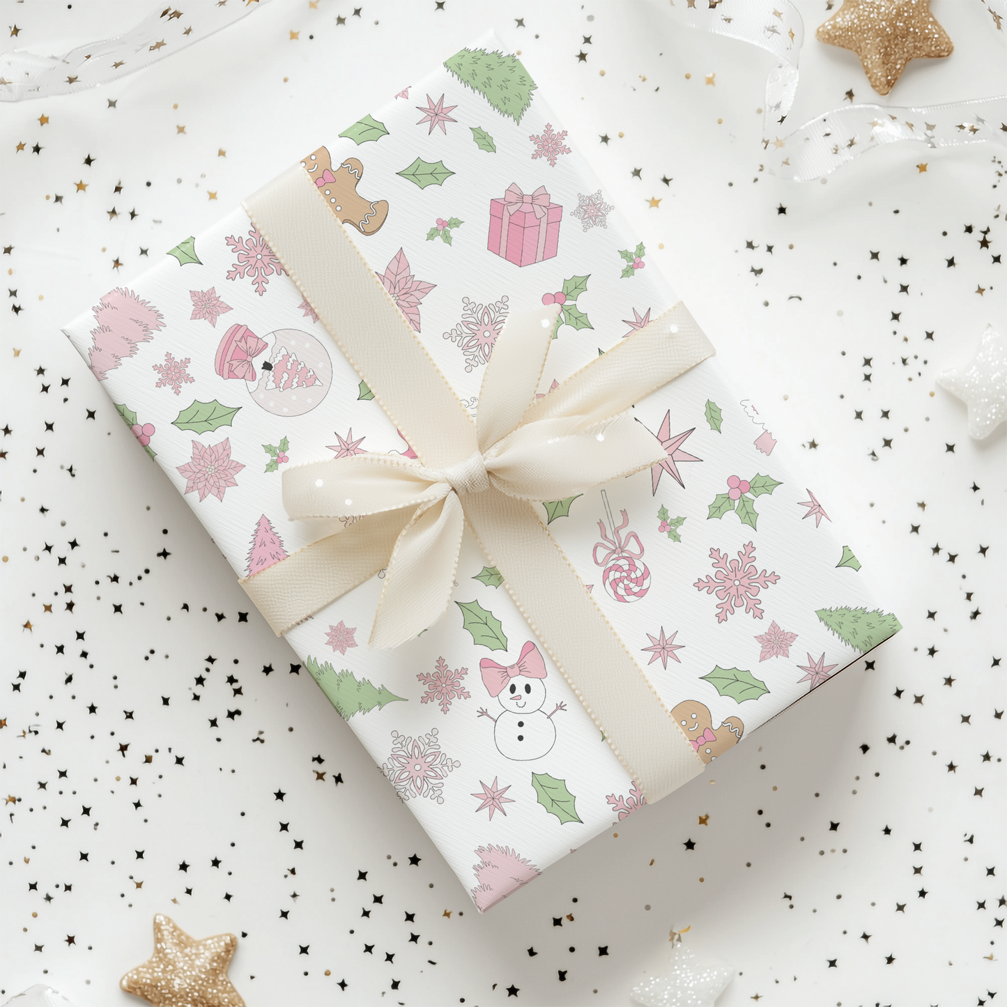 a present wrapped in wrapping paper with a bow