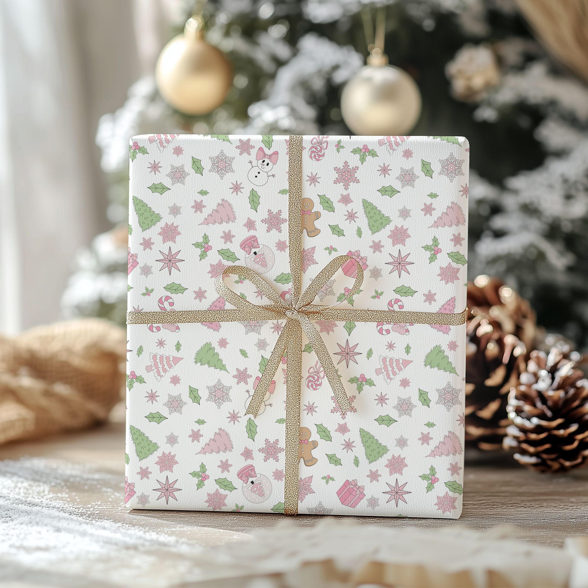 a present wrapped in a pink and green wrapping paper