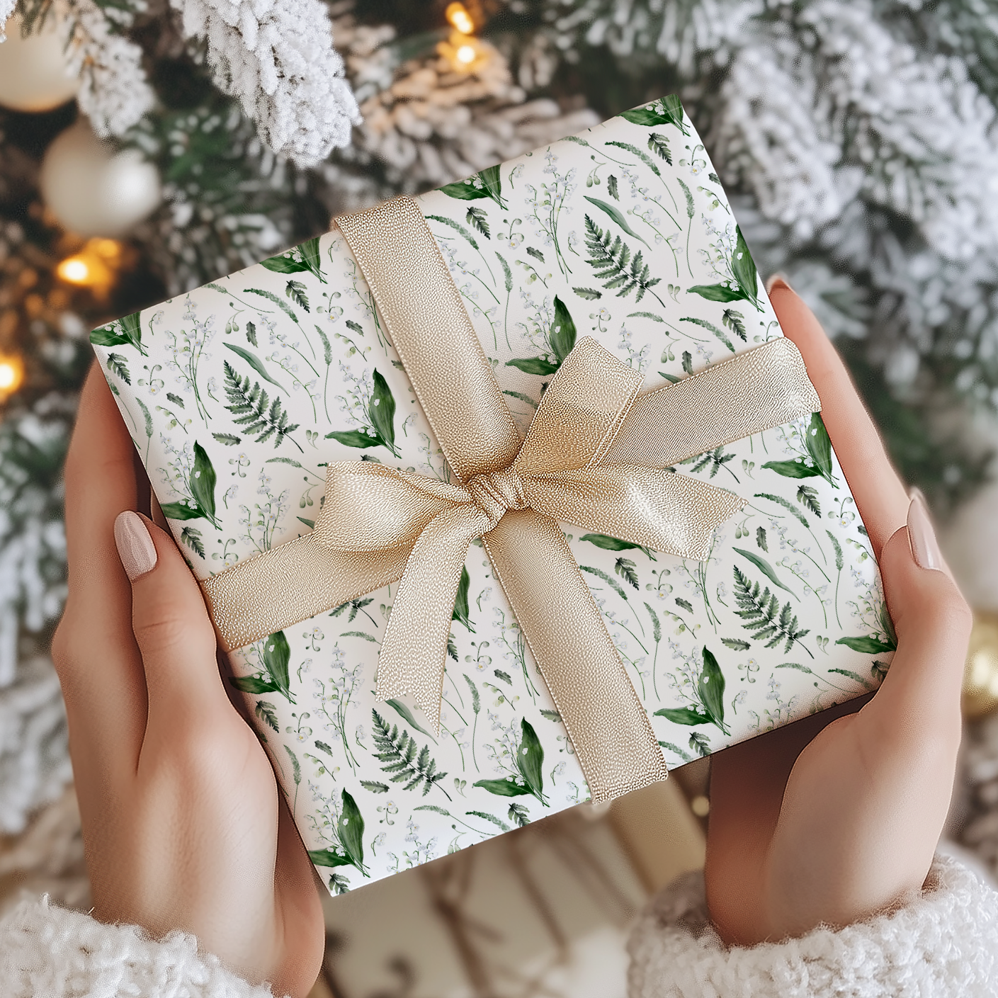 a woman holding a wrapped present in front of a christmas tree
