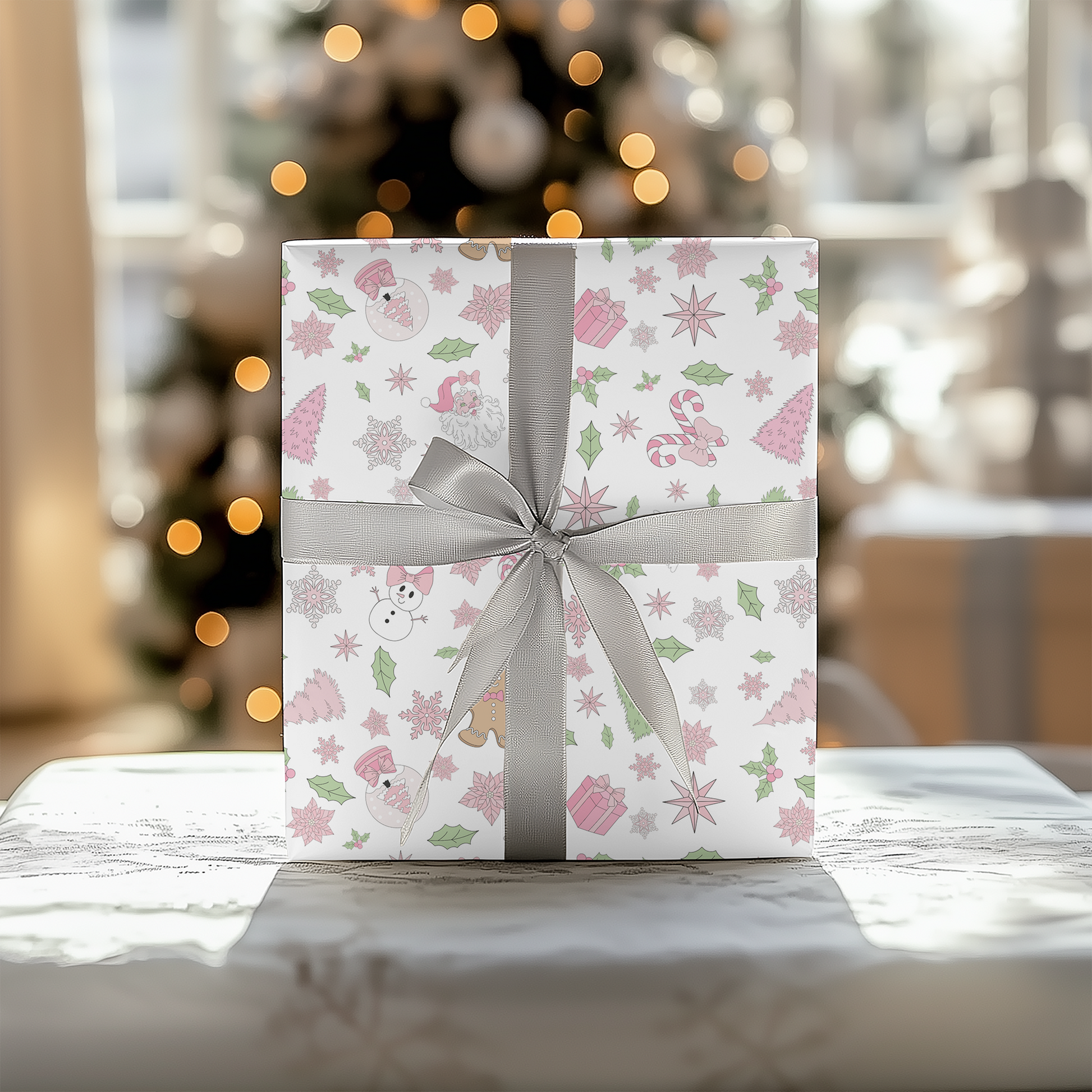 a white present box with a silver bow on a table