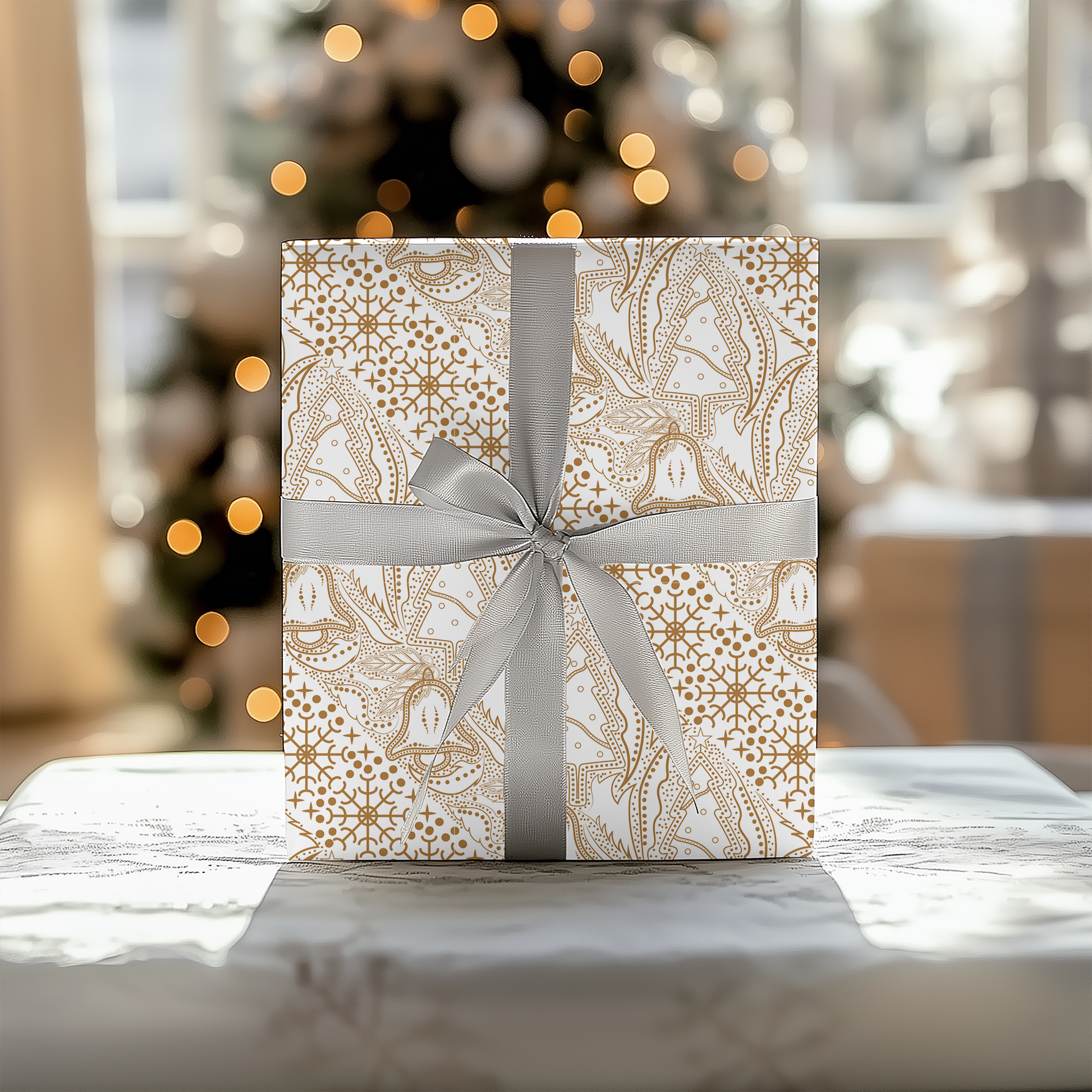 a white gift box with a silver bow on a table