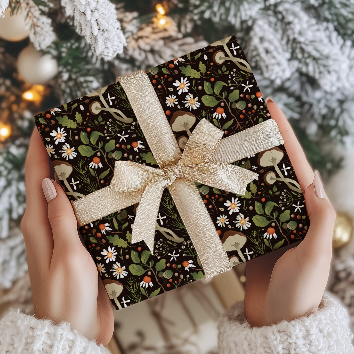 a person holding a present in front of a christmas tree