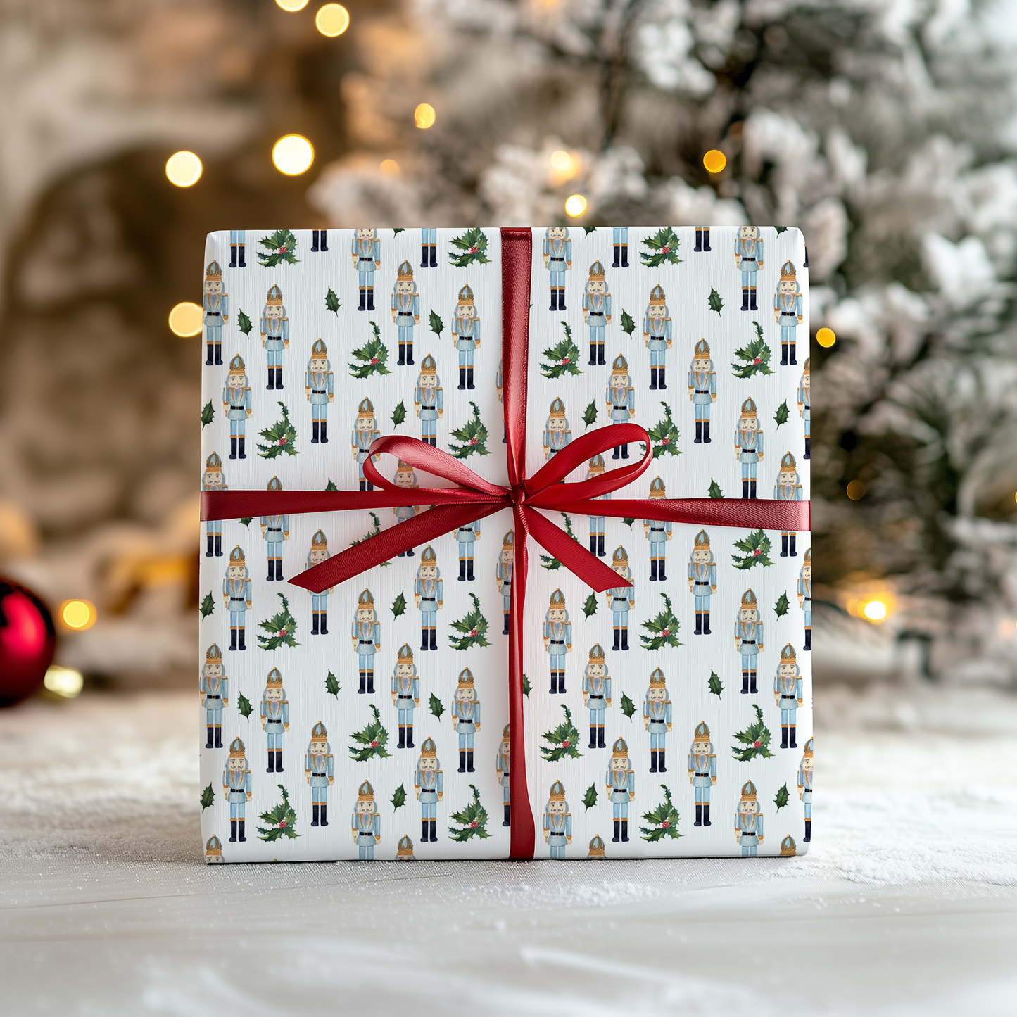 a present wrapped in white paper with a red ribbon