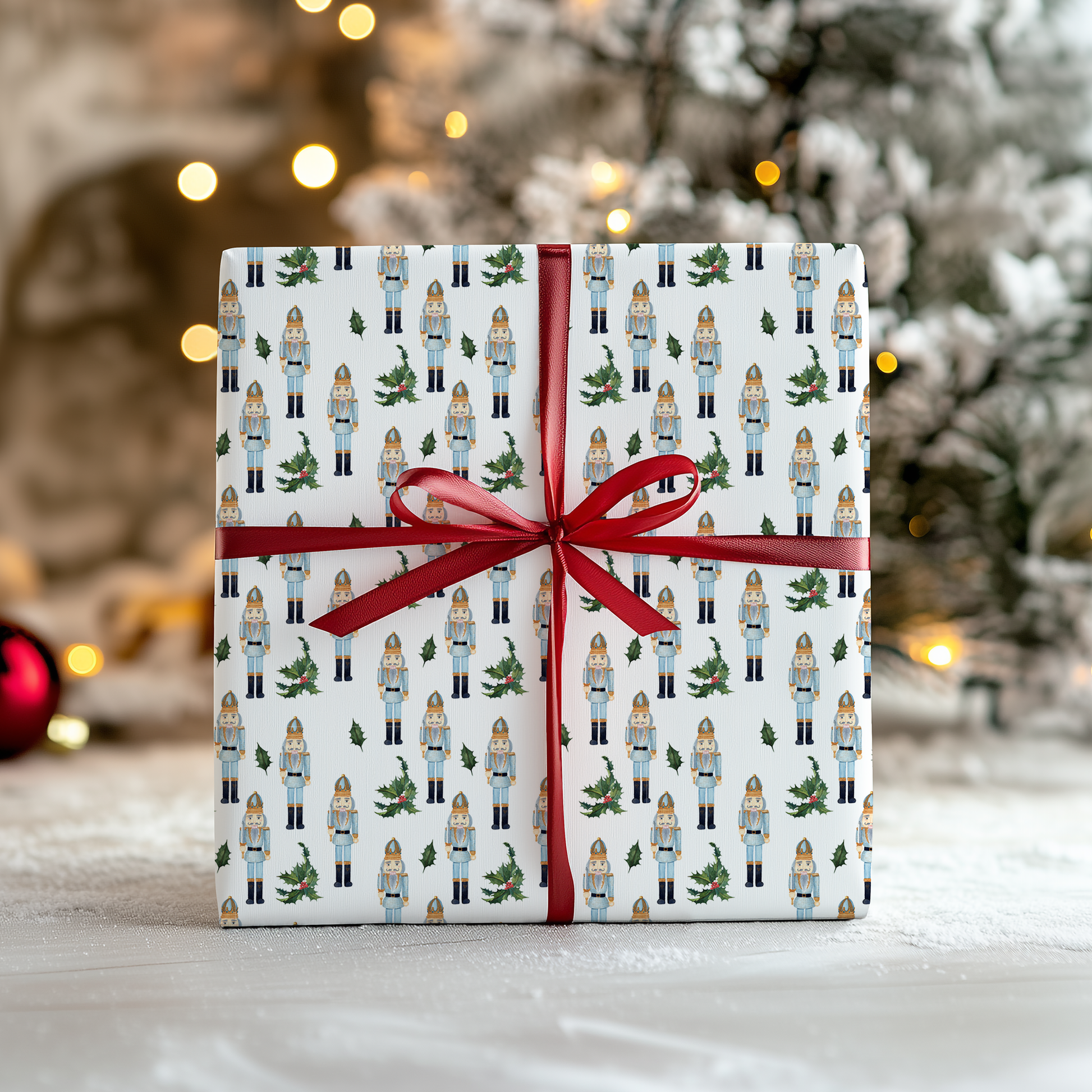 a present wrapped in white paper with a red ribbon