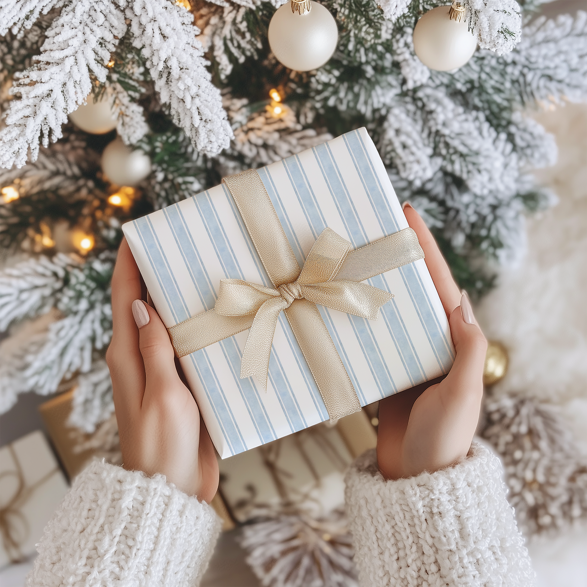 a person holding a wrapped present in front of a christmas tree