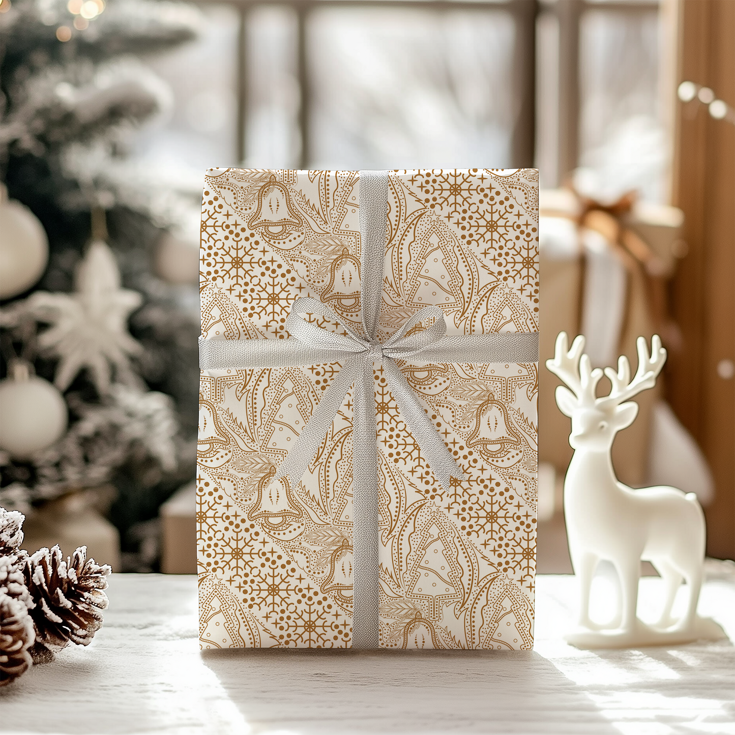 a present wrapped in paper with a deer figurine next to it