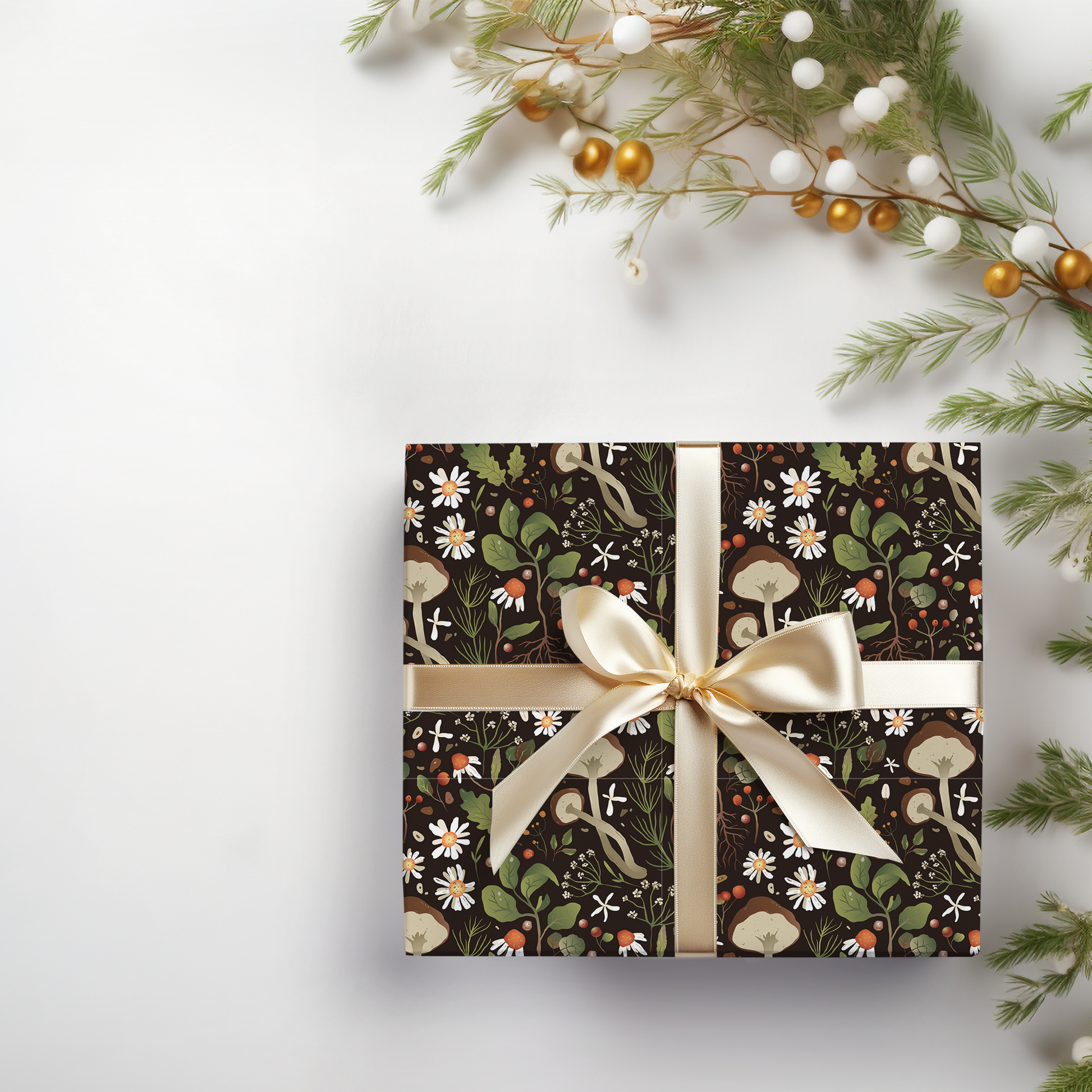 a present wrapped in a brown and white wrapping paper with a bow