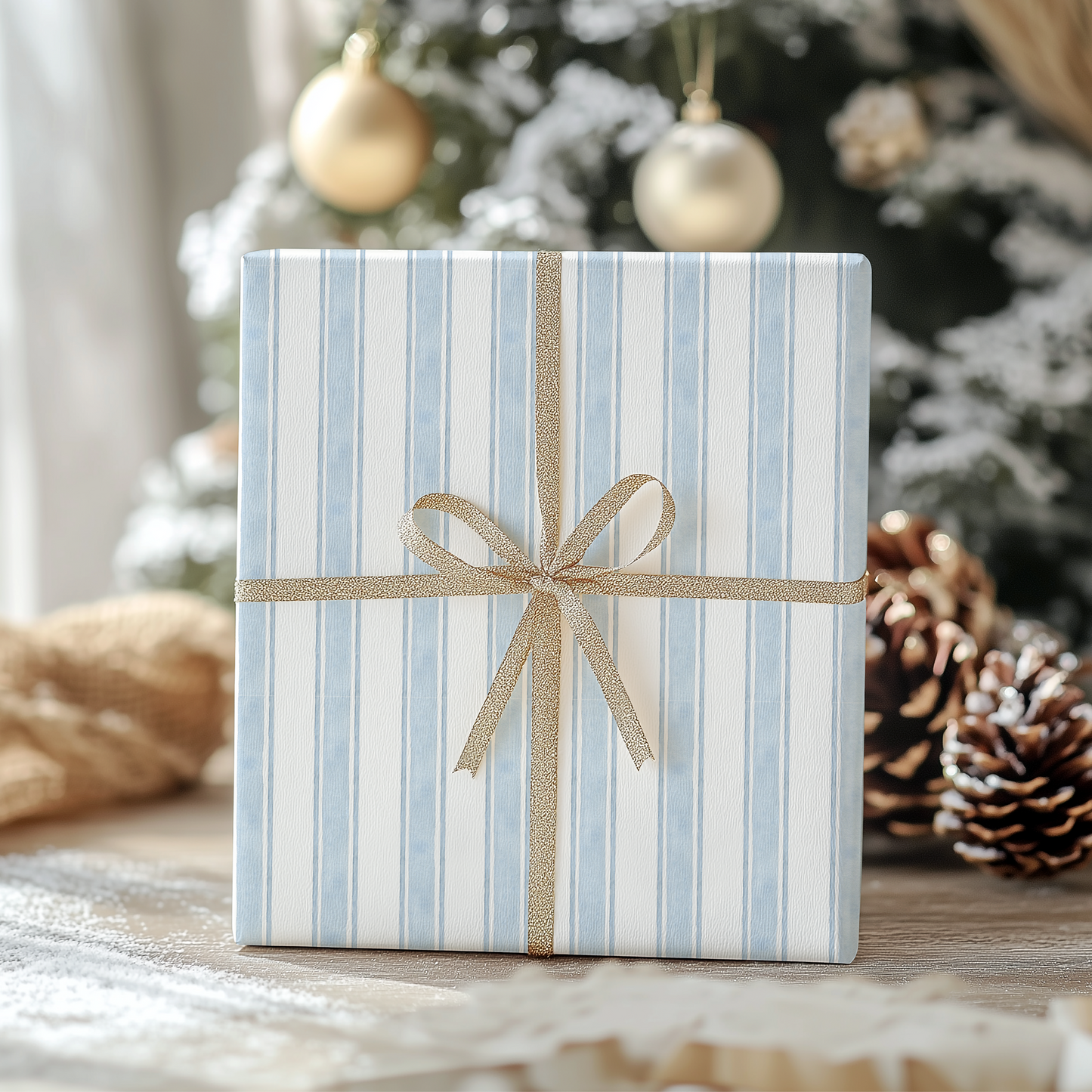 a blue and white striped gift box with a bow