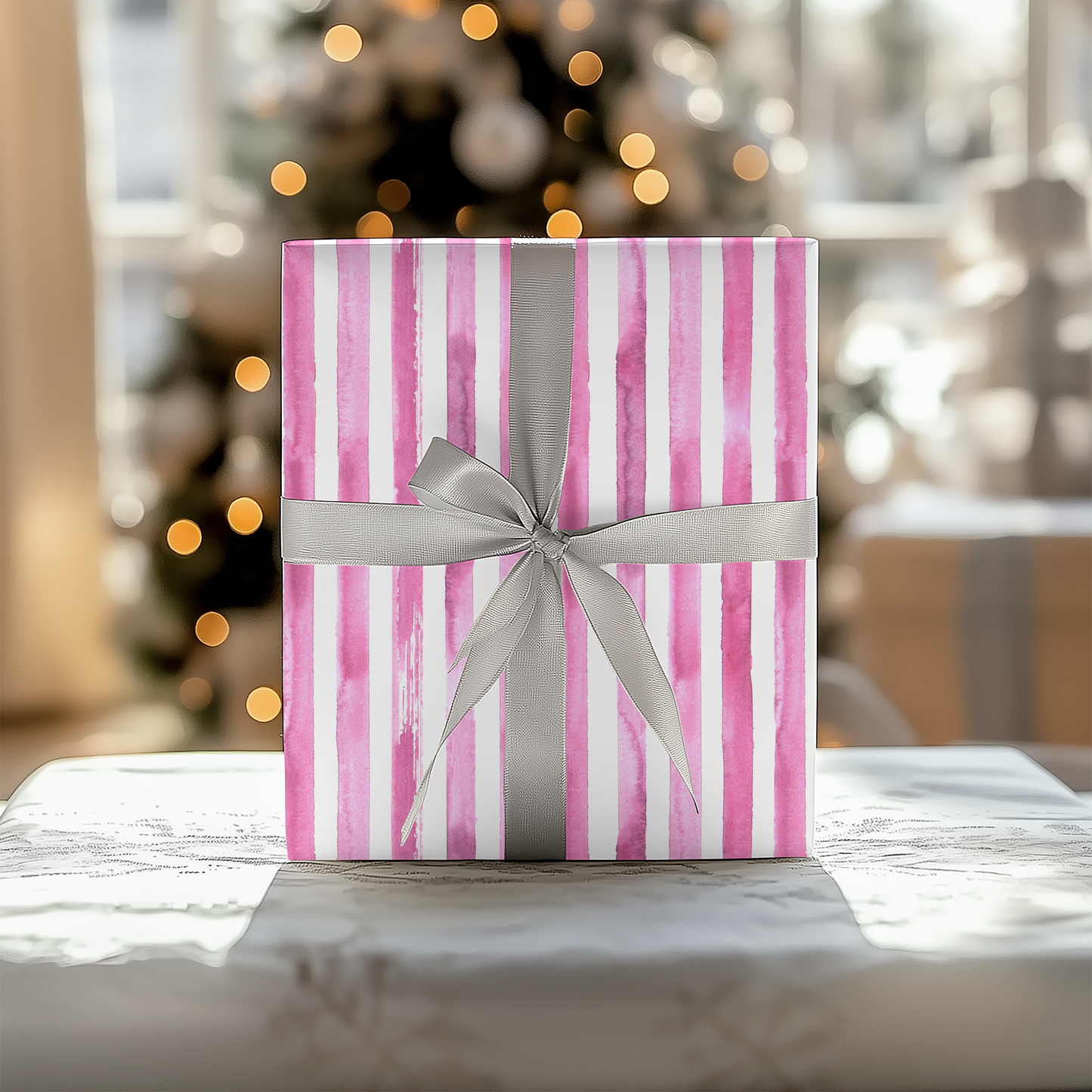a pink and white striped gift box with a silver bow