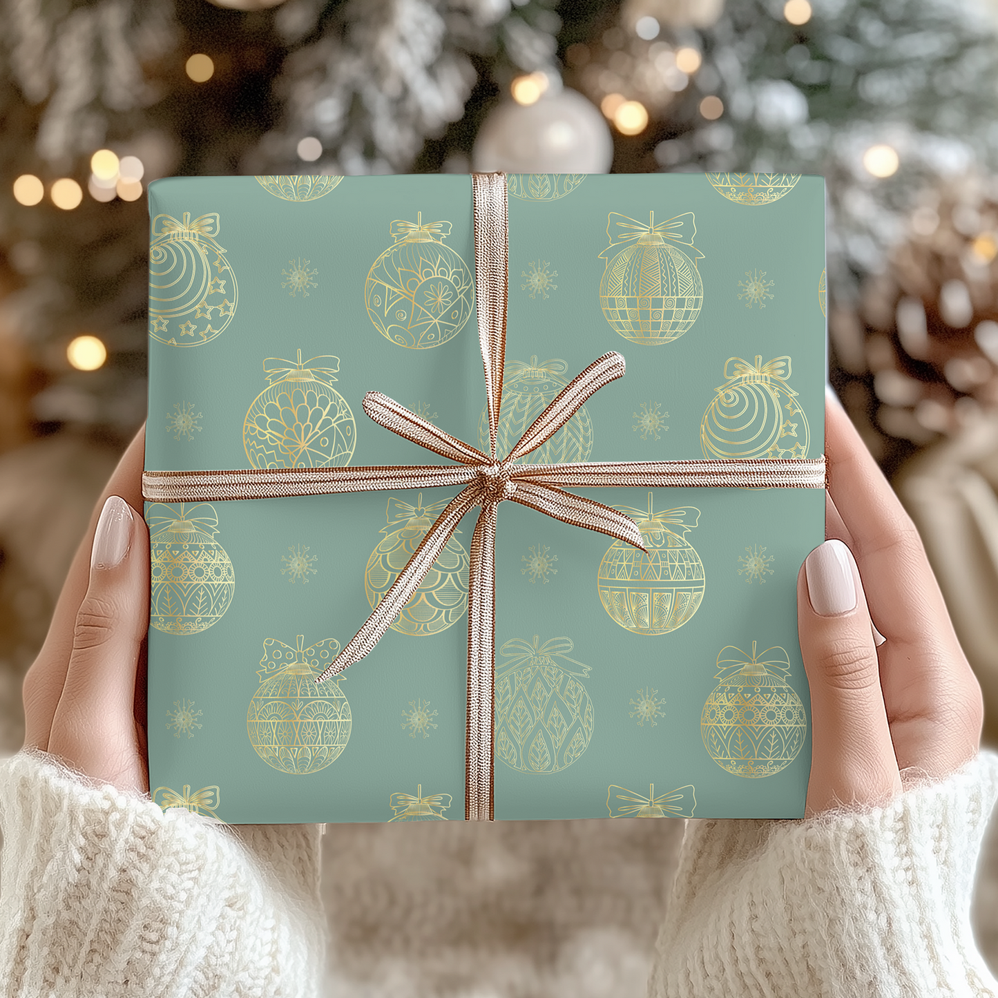 a person holding a green gift box in front of a christmas tree
