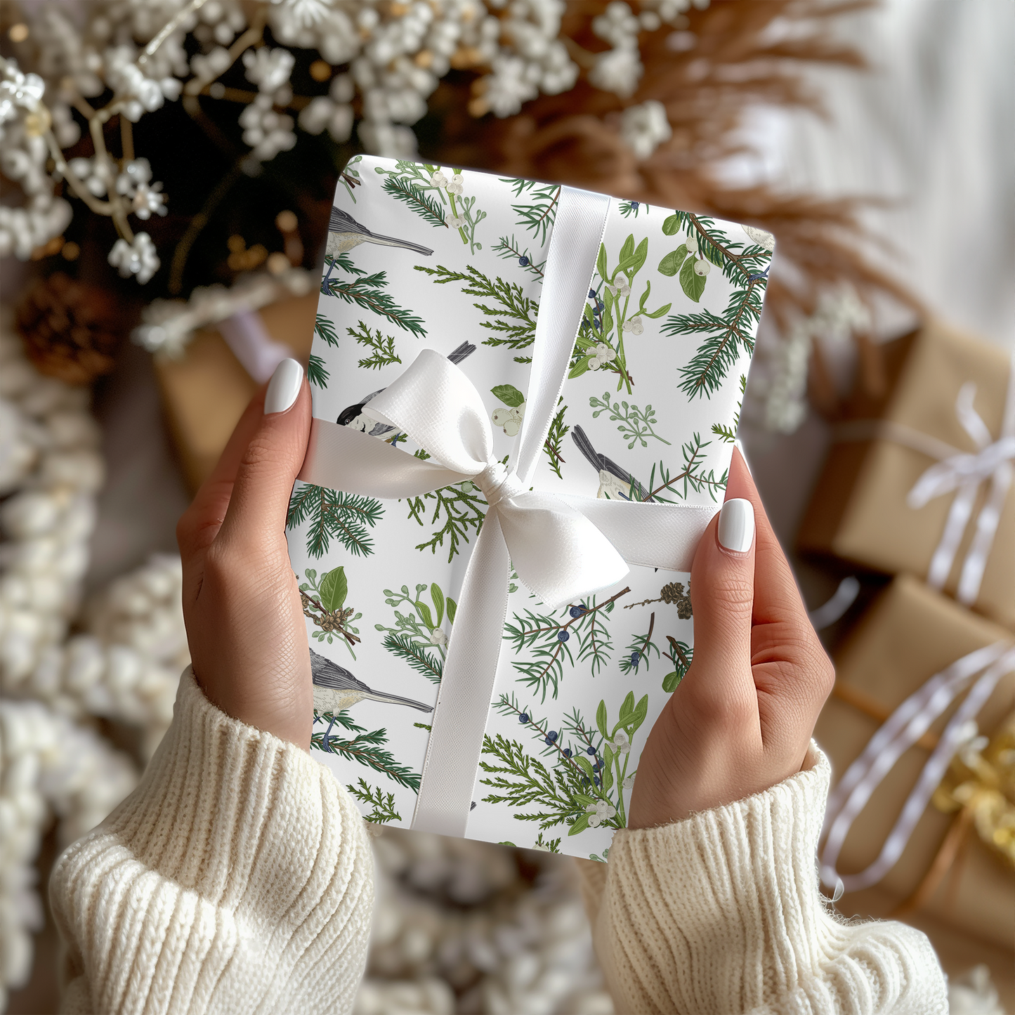 a woman holding a wrapped present in her hands