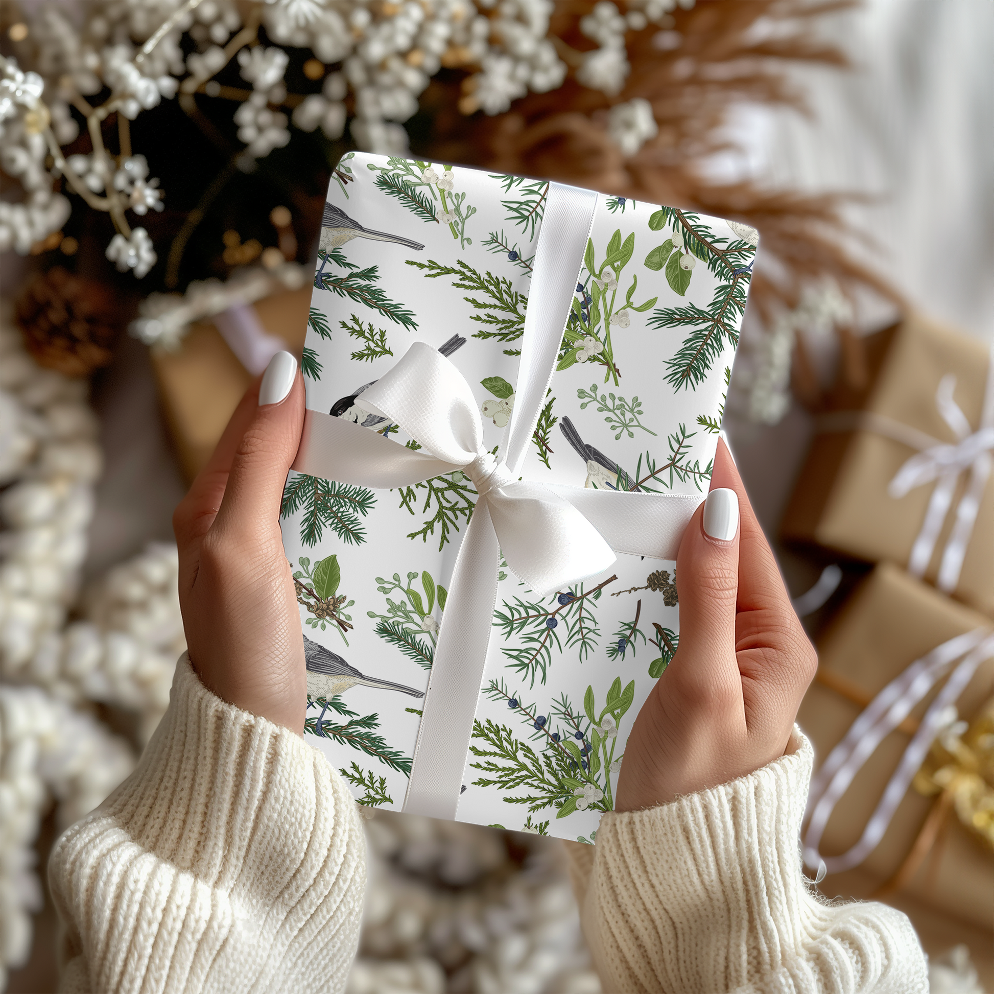 a woman holding a wrapped present in her hands