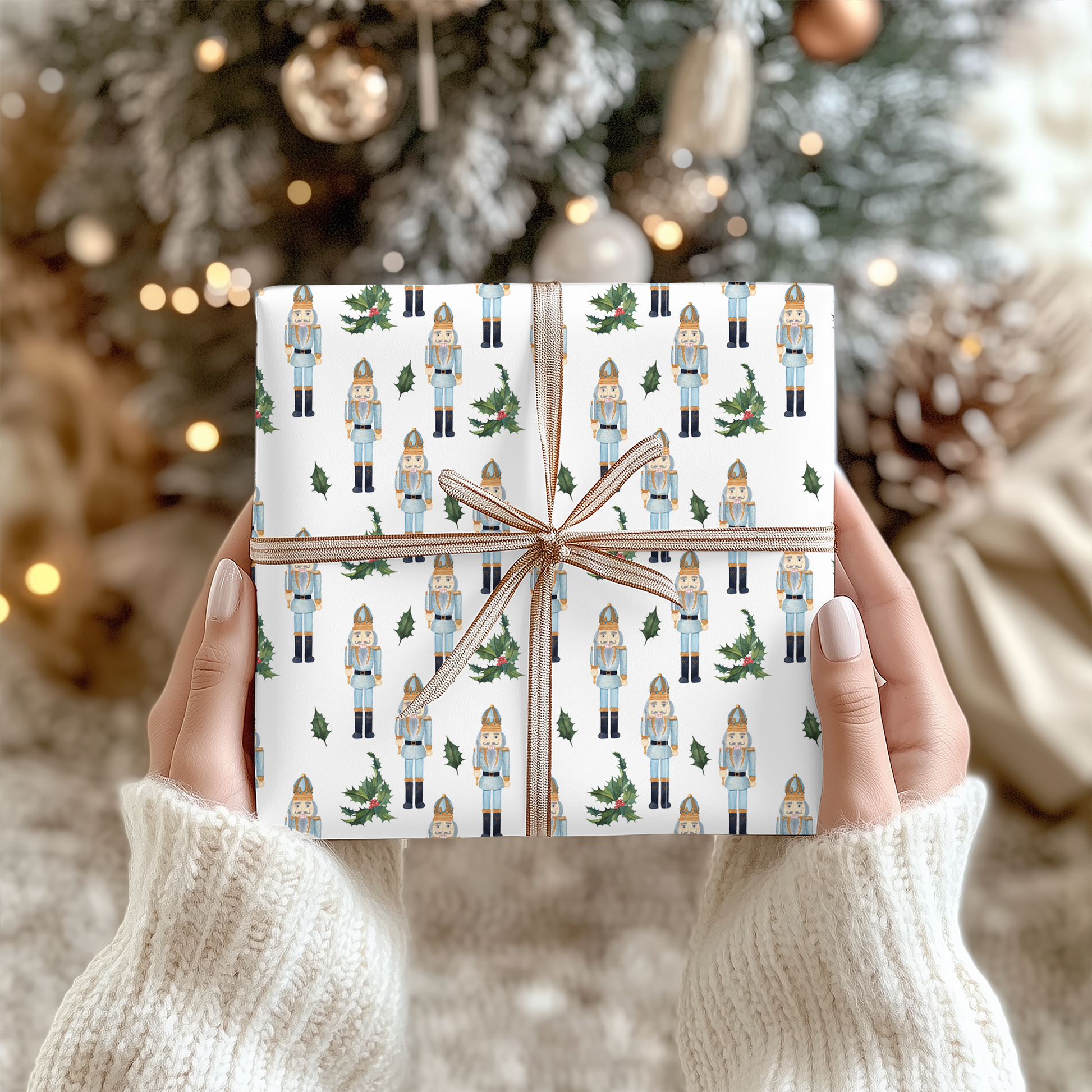a person holding a wrapped present in front of a christmas tree