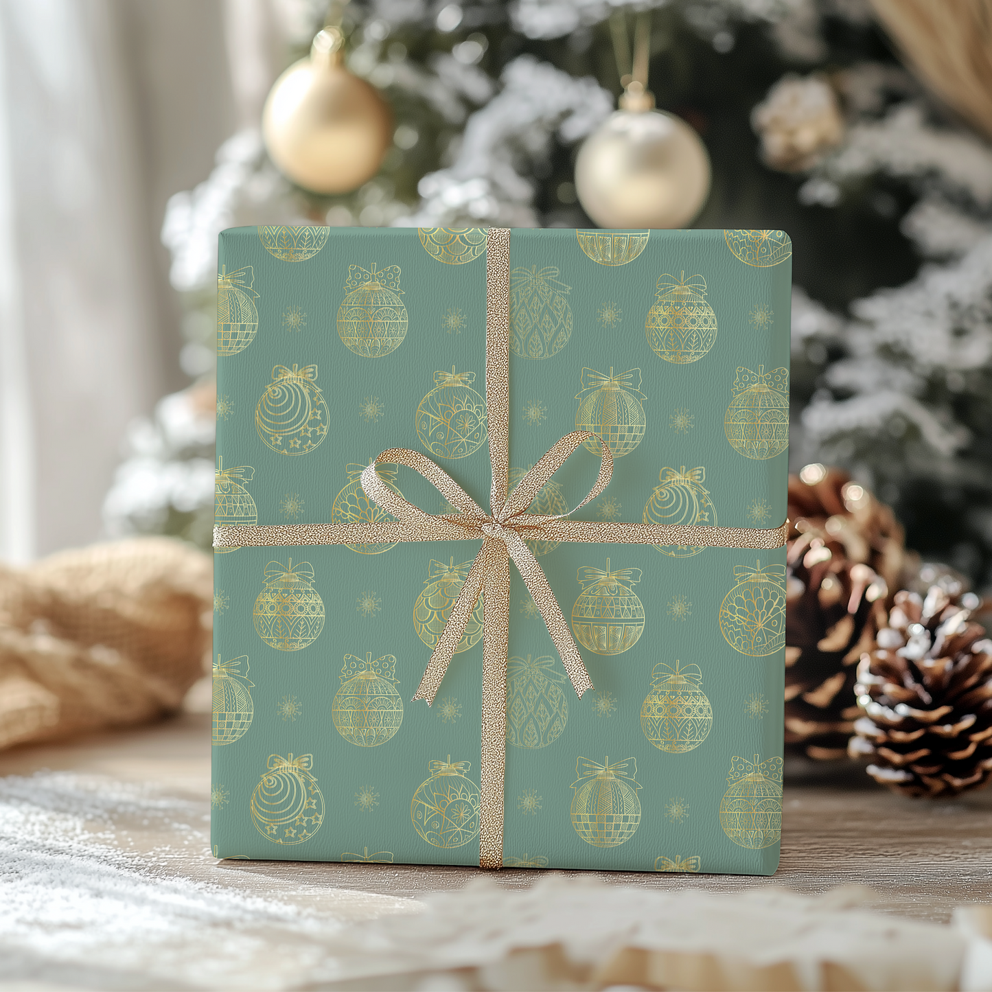 a present wrapped in a green wrapping paper with a gold bow