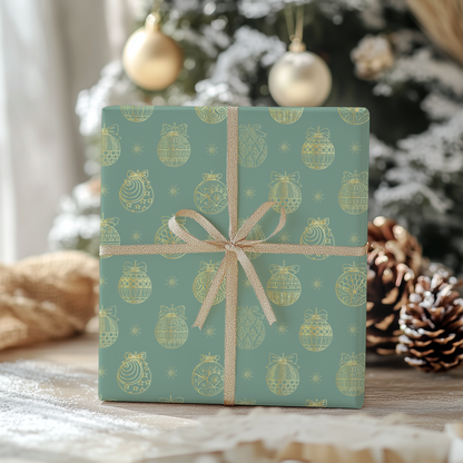 a present wrapped in a green wrapping paper with a gold bow