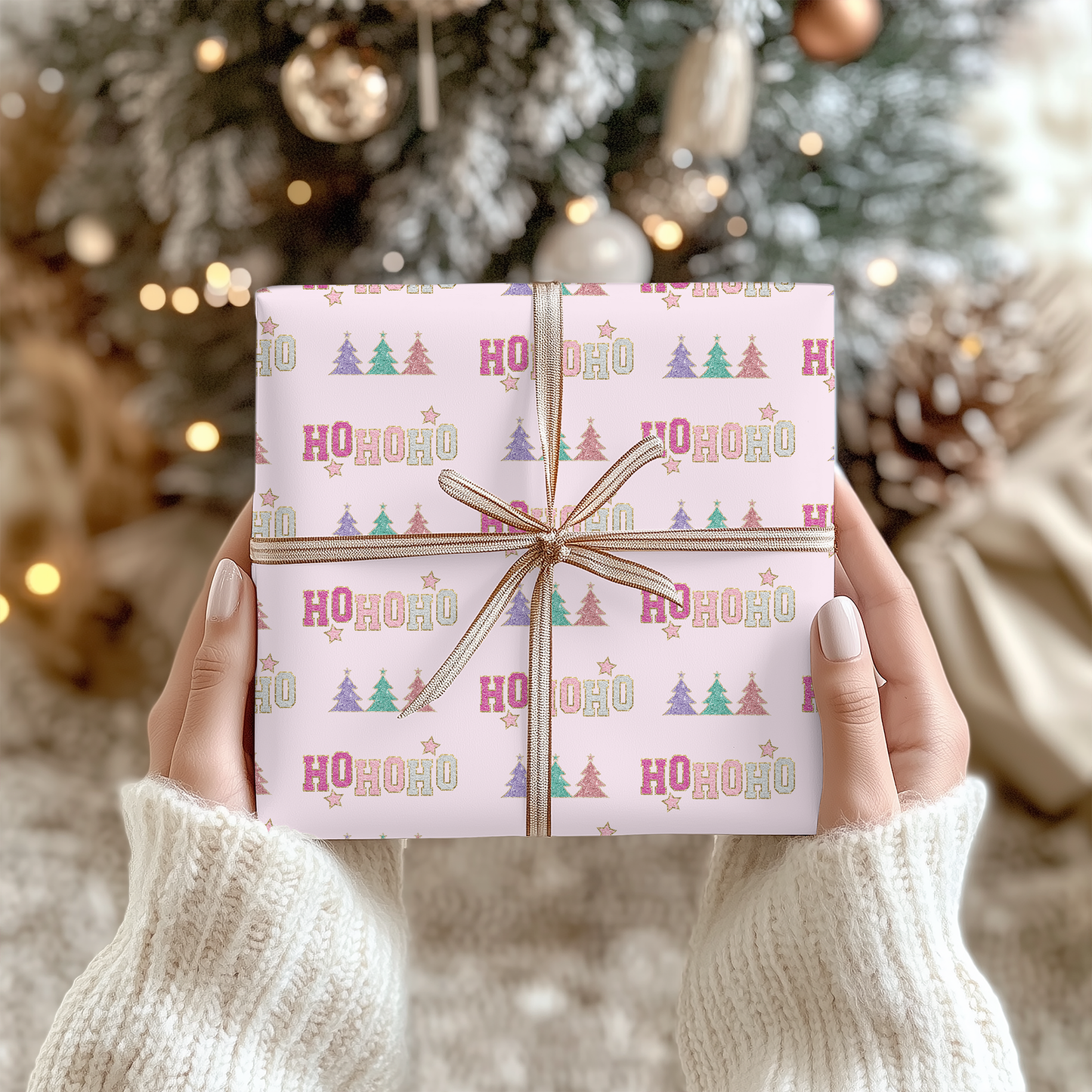 a person holding a wrapped present in front of a christmas tree