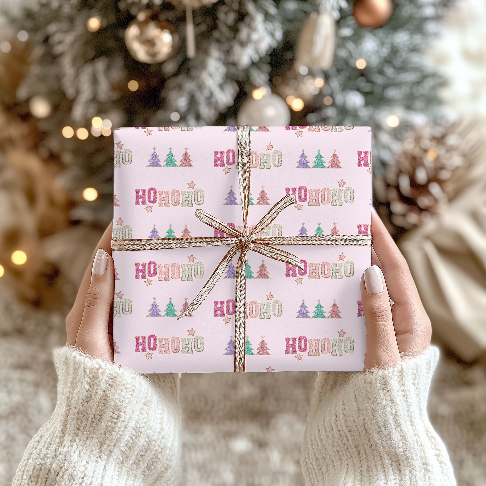 a person holding a wrapped present in front of a christmas tree