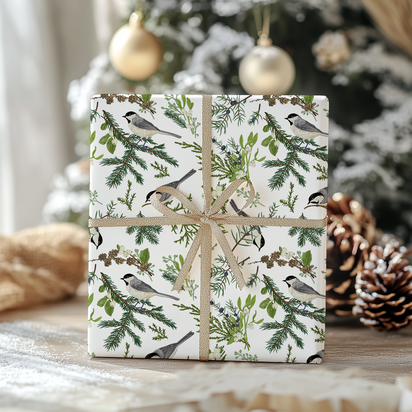 a gift wrapped in a white wrapping paper with a bird design