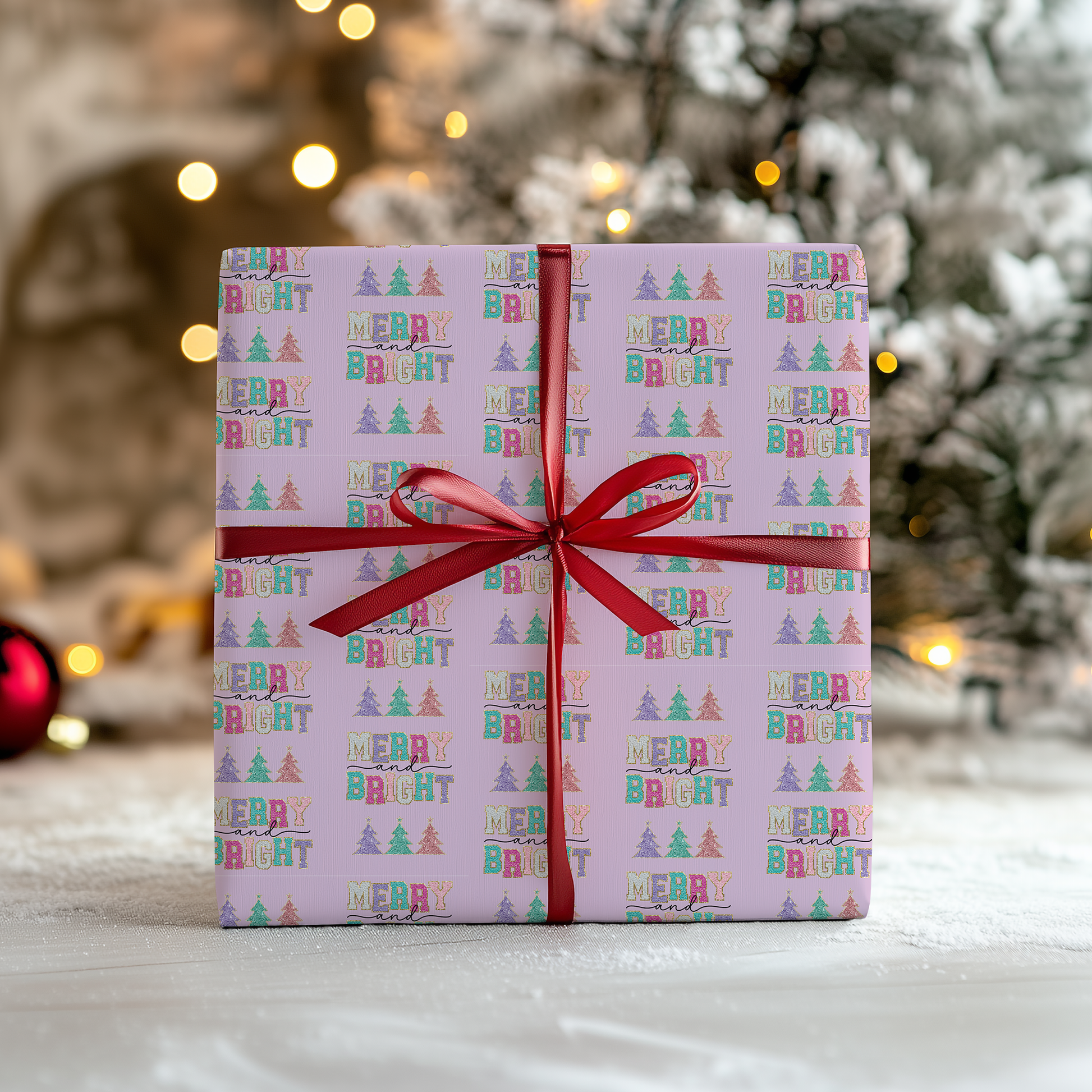 a present wrapped in pink paper with a red ribbon