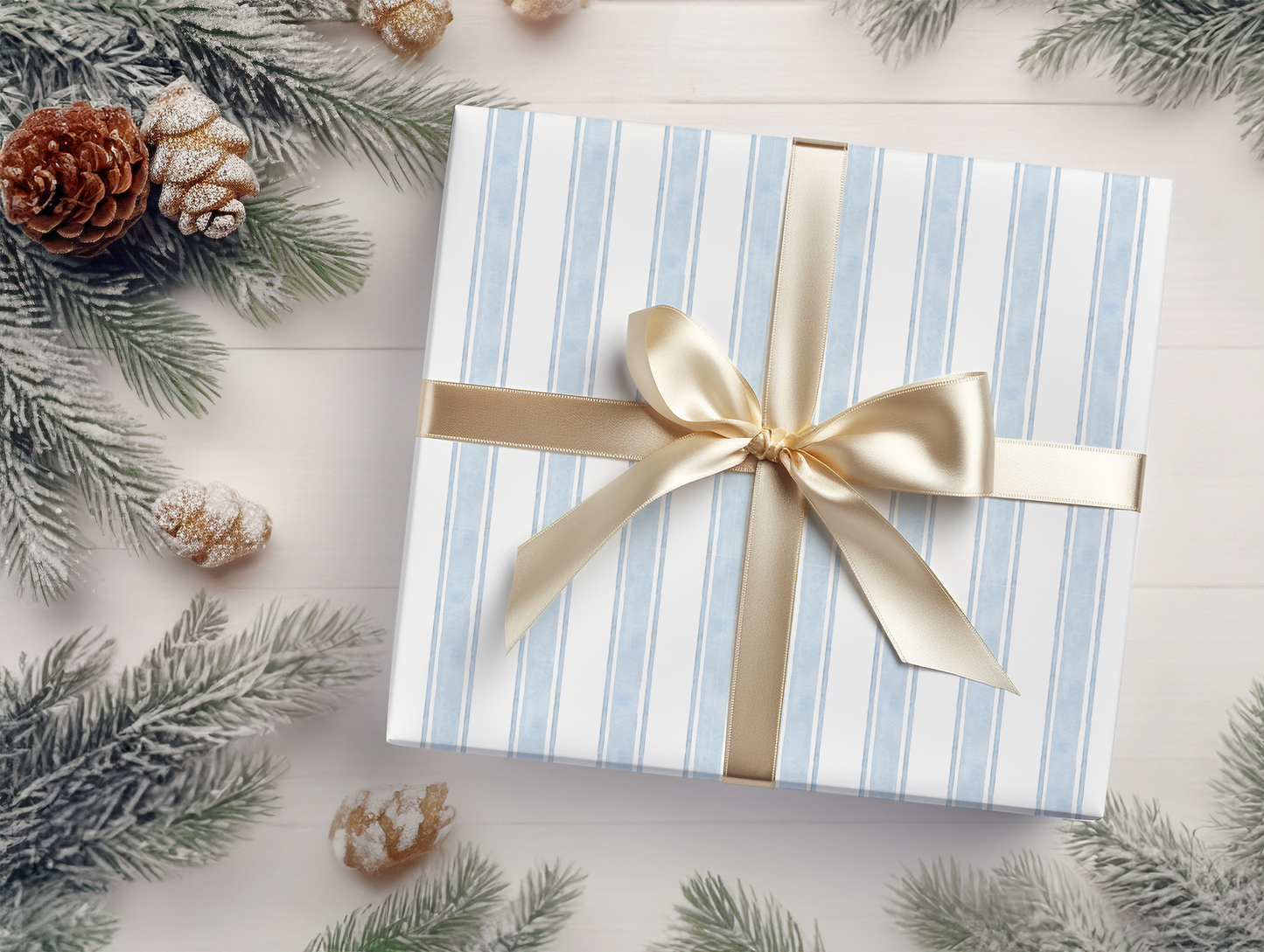 a present wrapped in a blue and white striped paper with a gold bow