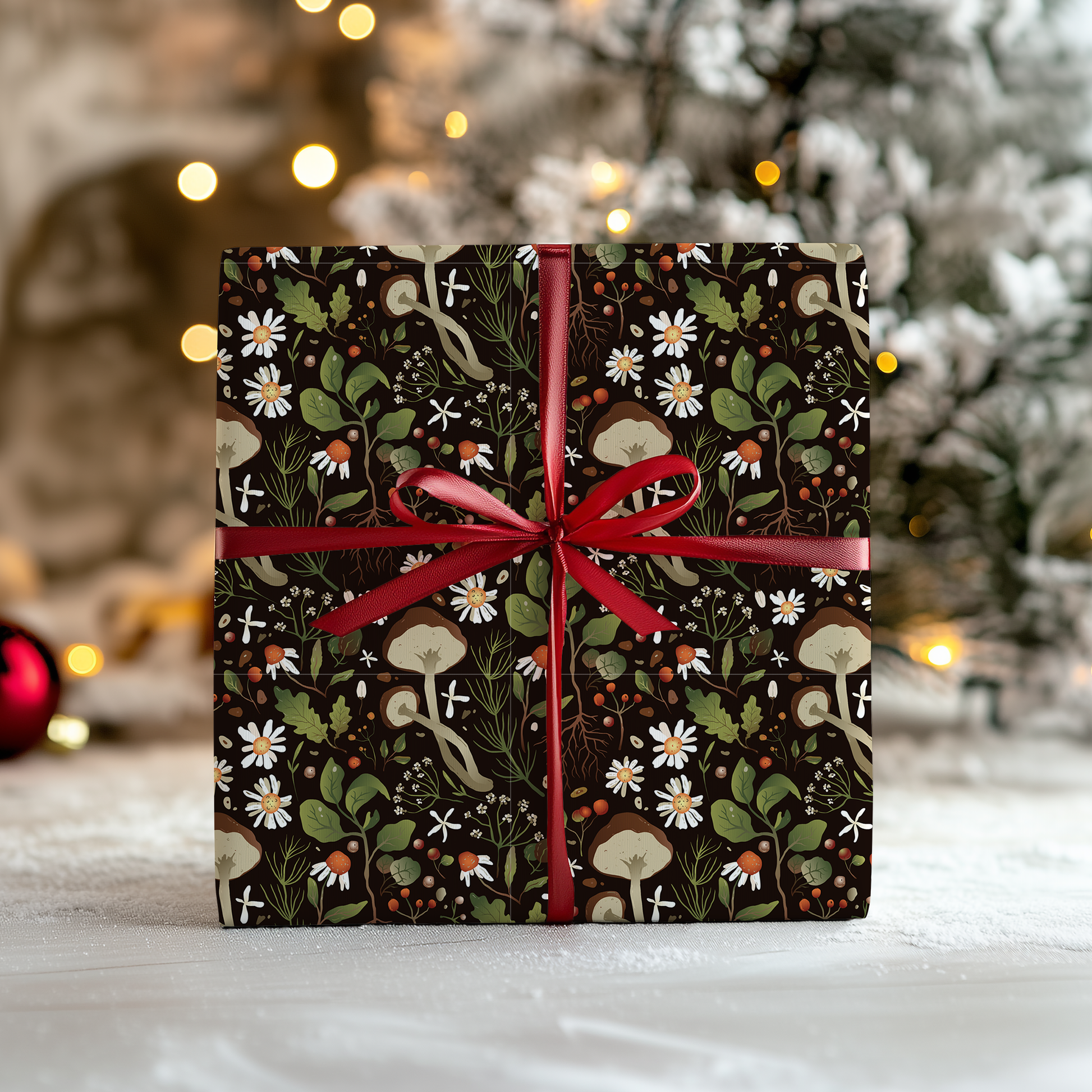 a christmas present wrapped in a black wrapping paper with a red bow