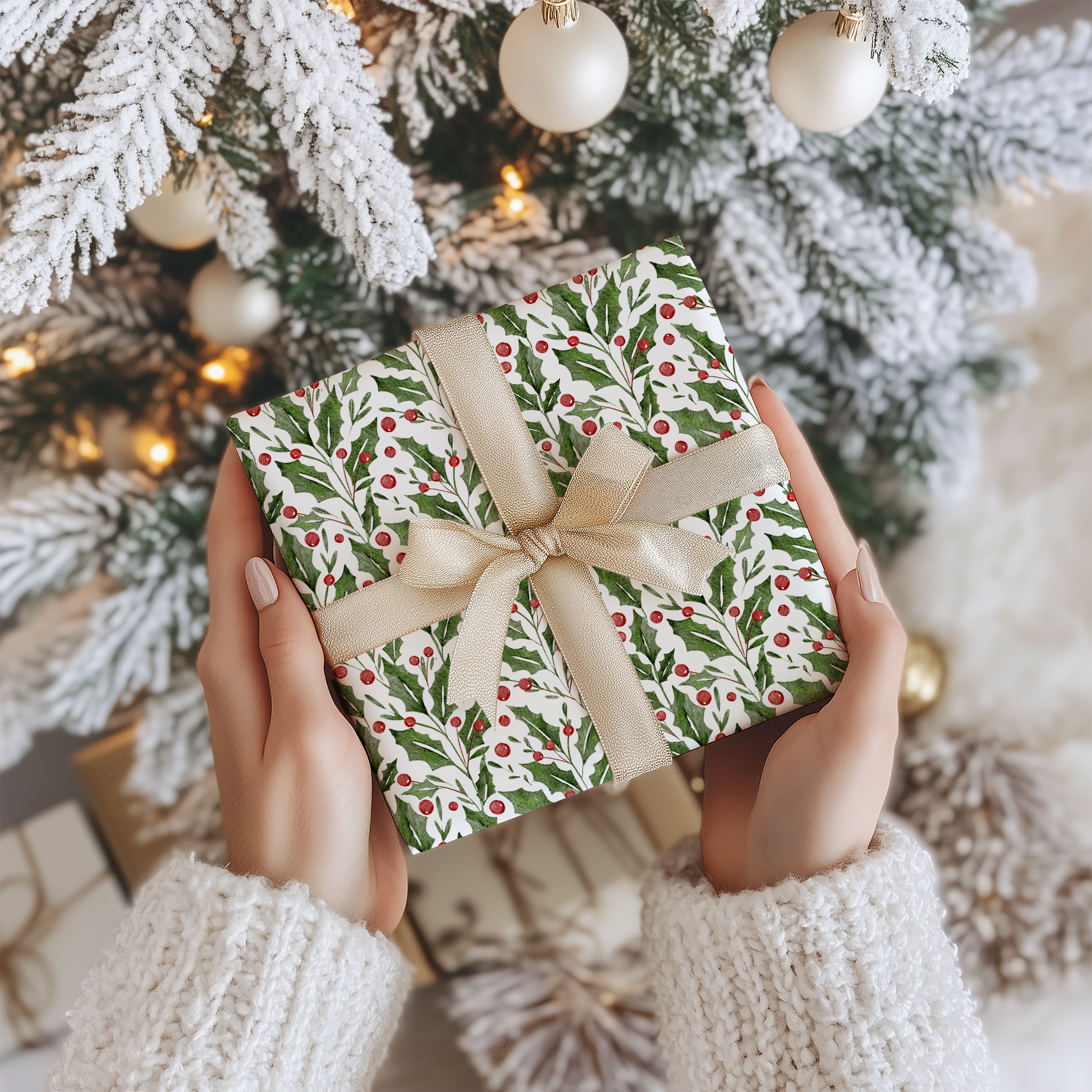 a person holding a wrapped present in front of a christmas tree