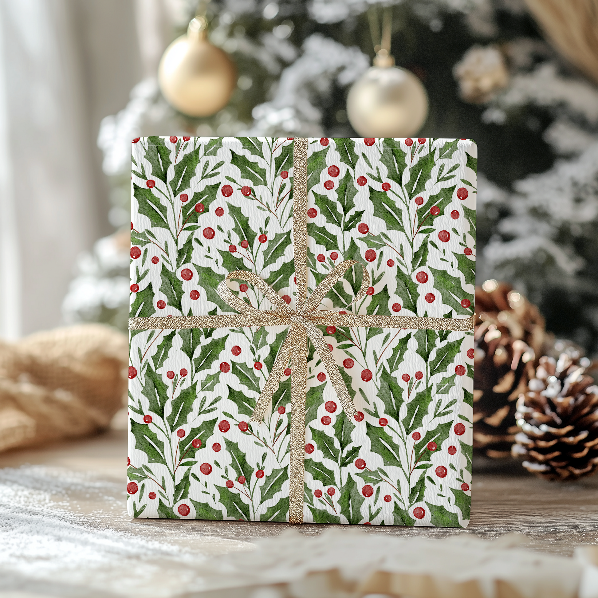 a present box with a bow on a table next to a christmas tree