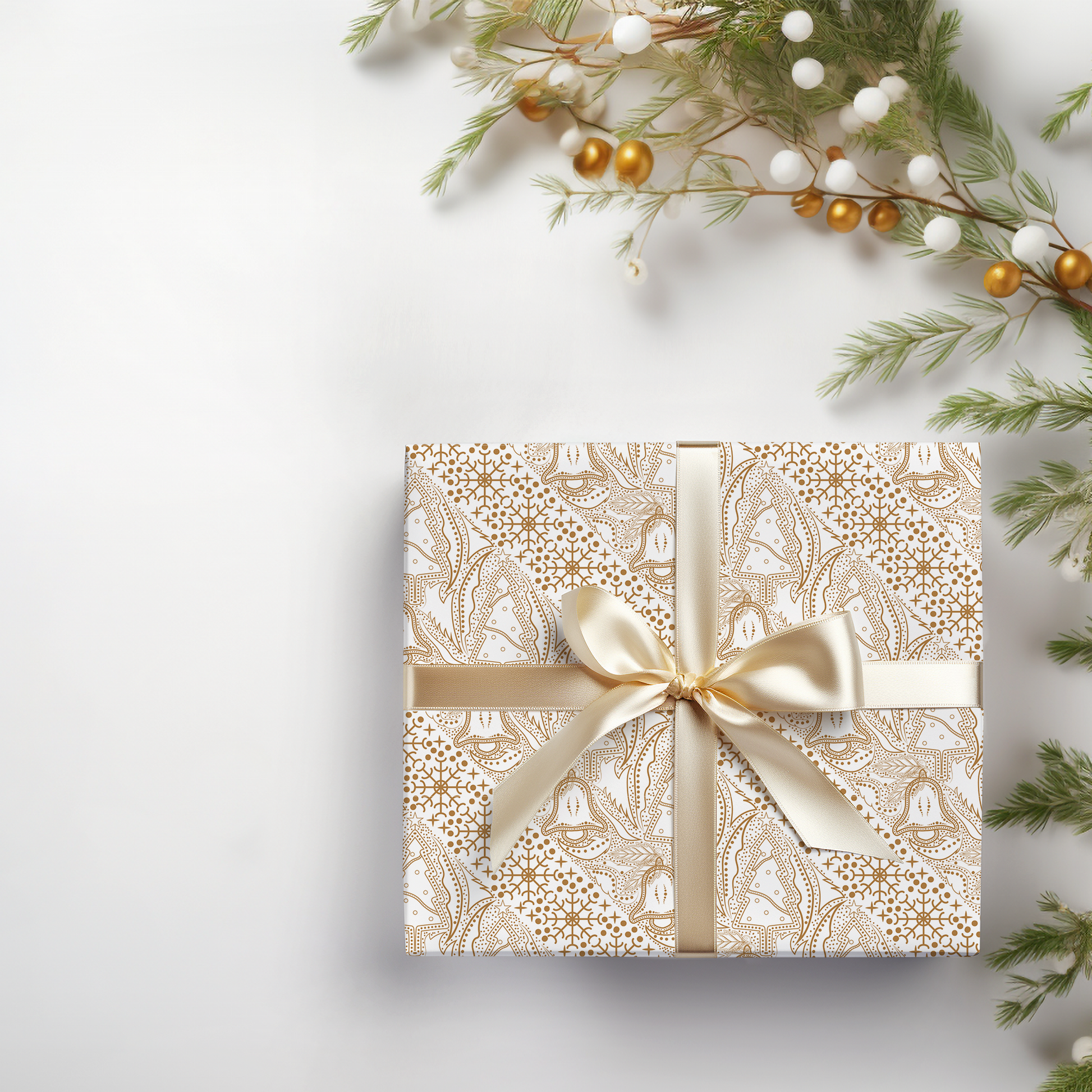 a gift wrapped in a white paper with a gold bow