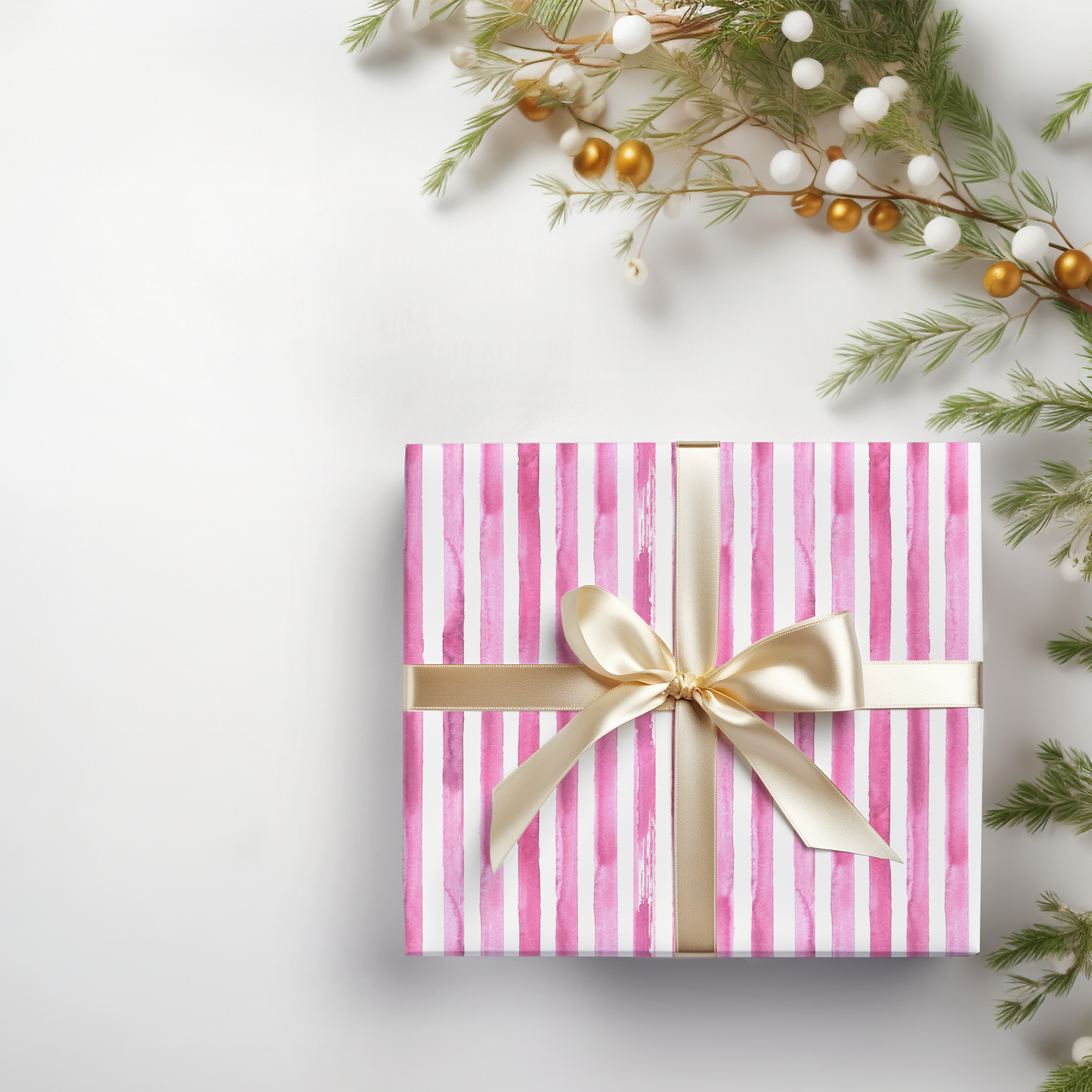 a pink and white striped gift box with a gold bow