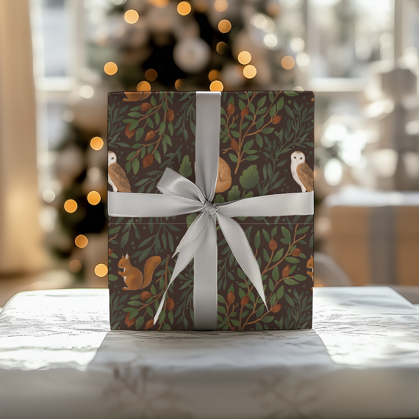 a gift box with a white ribbon on a table in front of a christmas tree