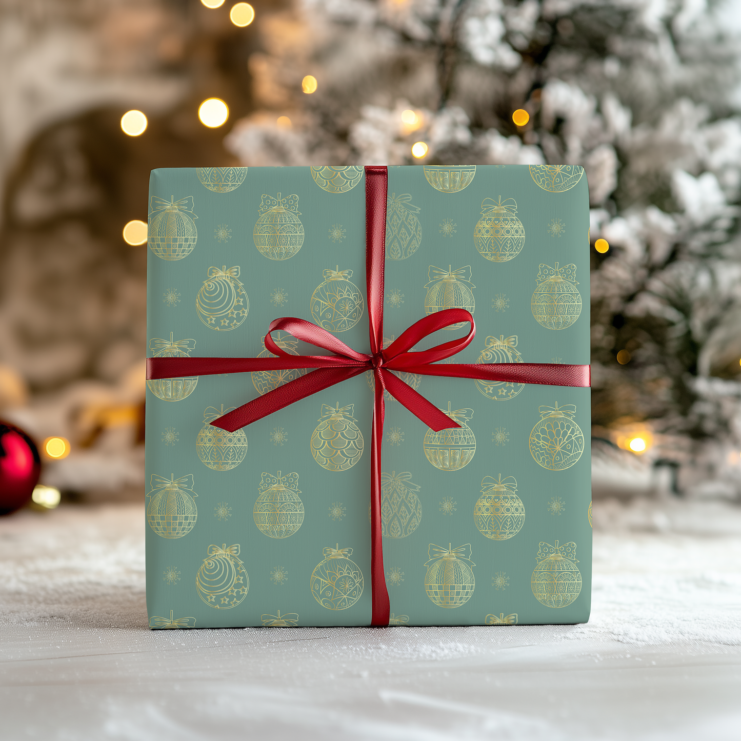 a present wrapped in blue paper with a red ribbon