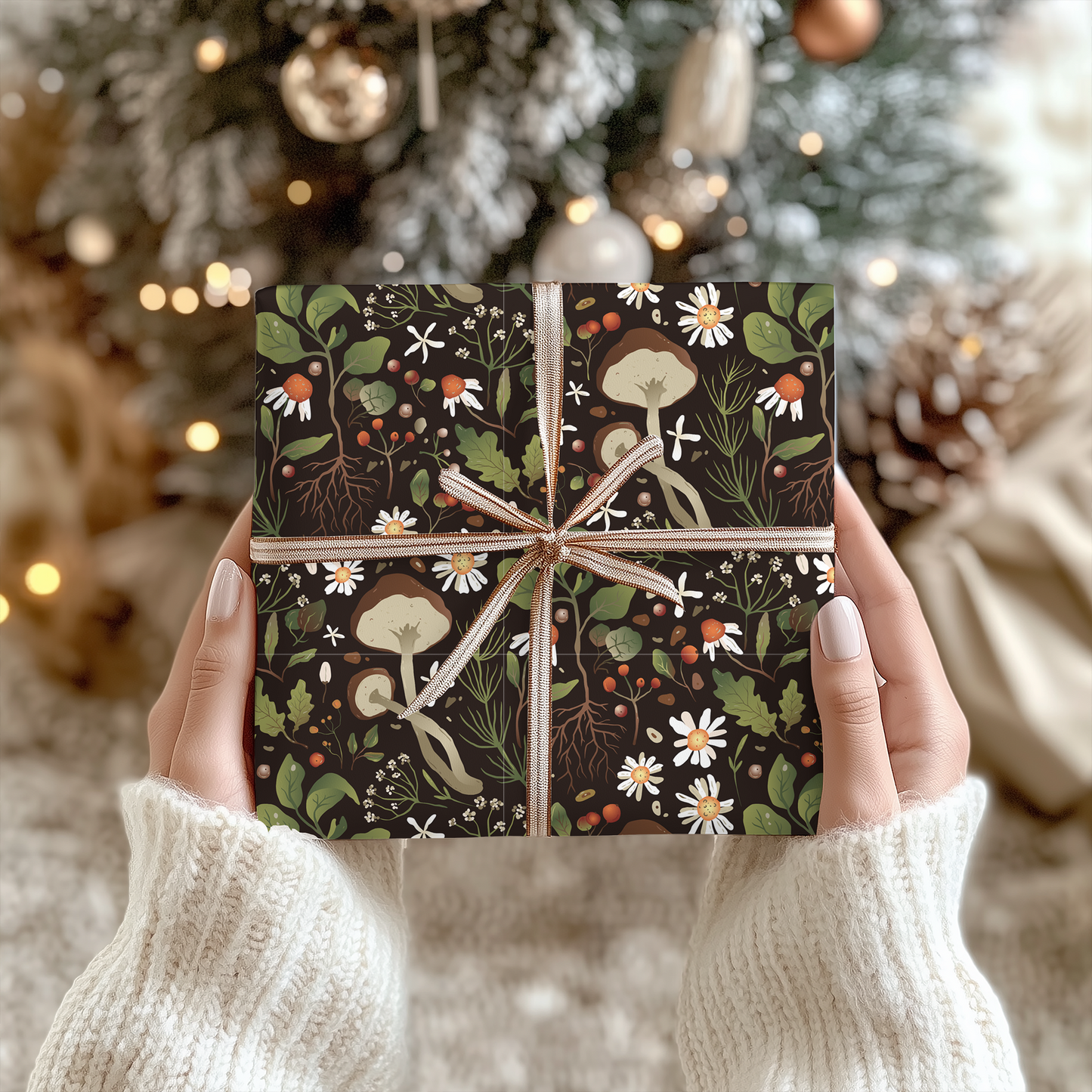 a person holding a present in front of a christmas tree