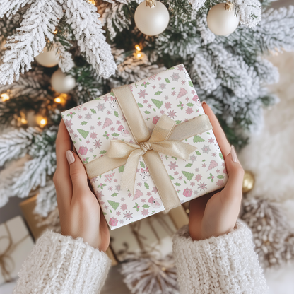 a person holding a present in front of a christmas tree