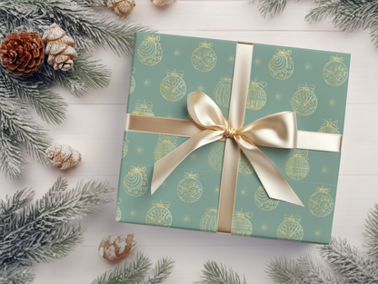 a present wrapped in a green wrapping paper with a gold bow