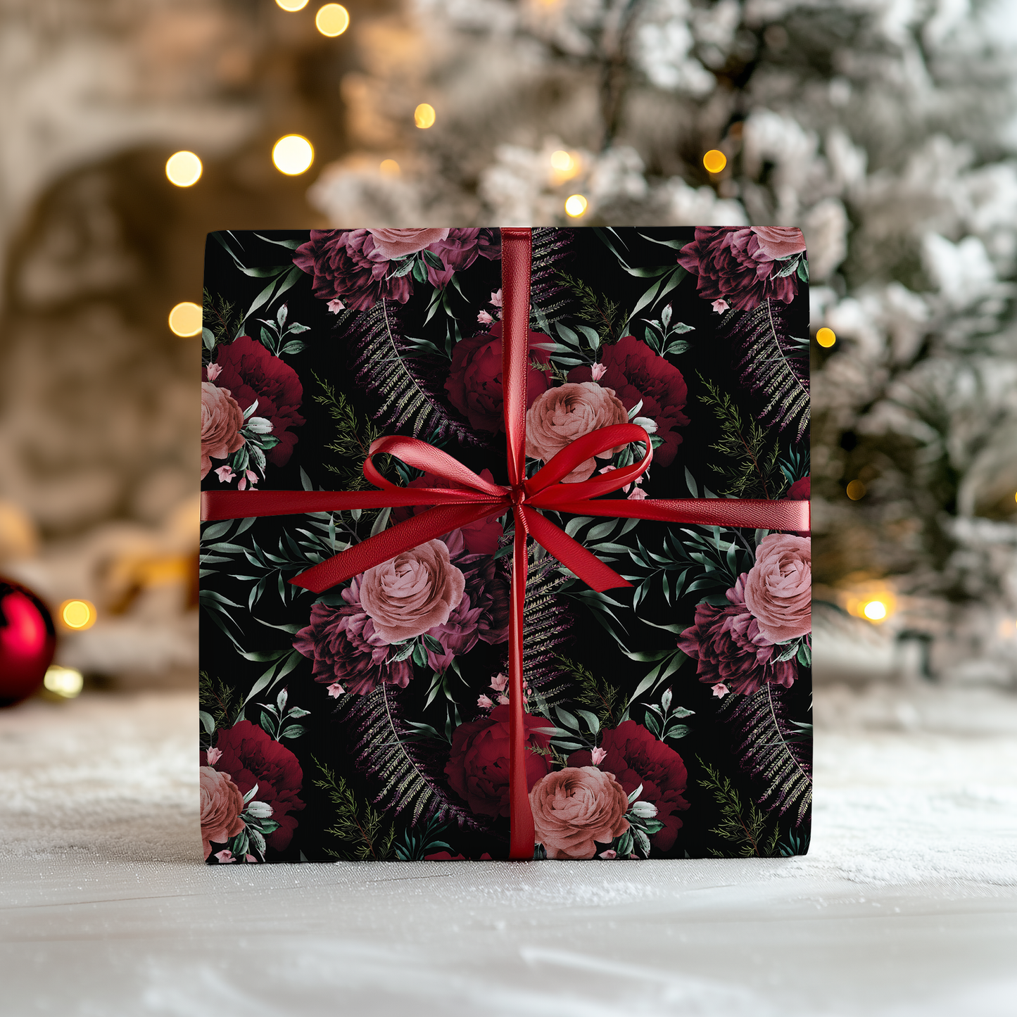 a present wrapped in a black wrapping paper with a red ribbon