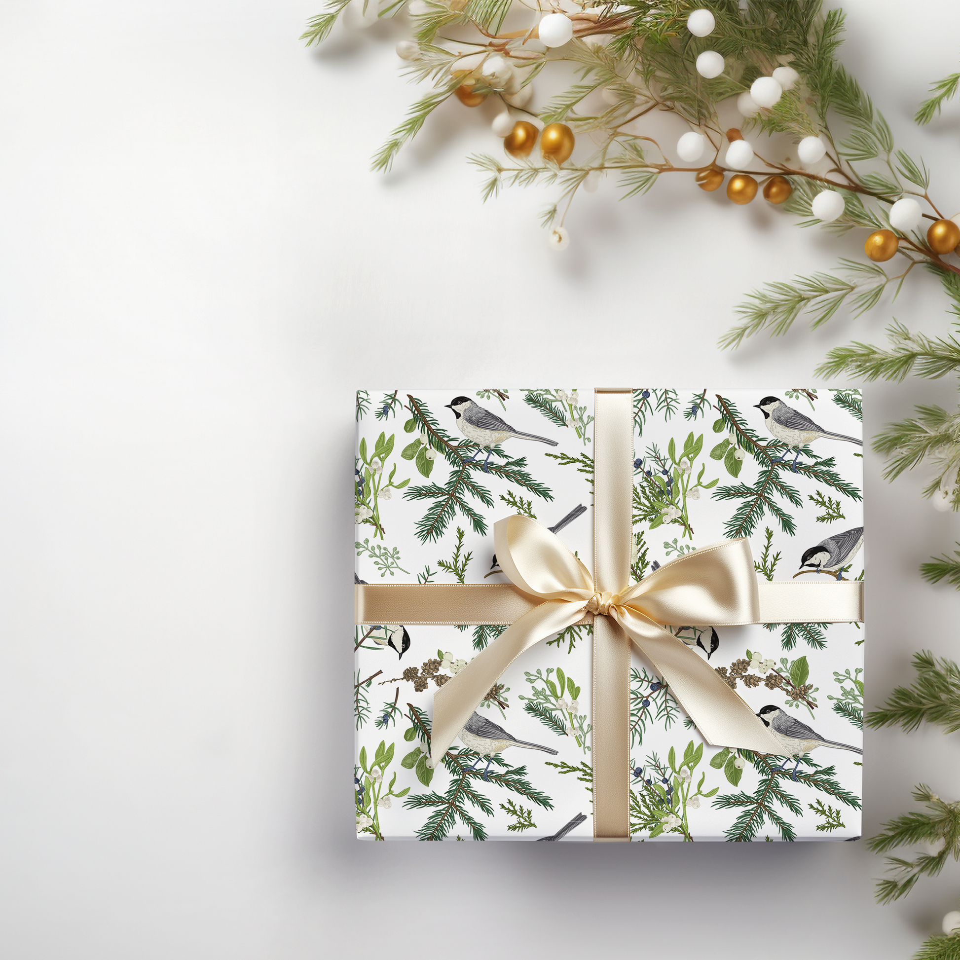 a present wrapped in a white wrapping paper with a gold bow