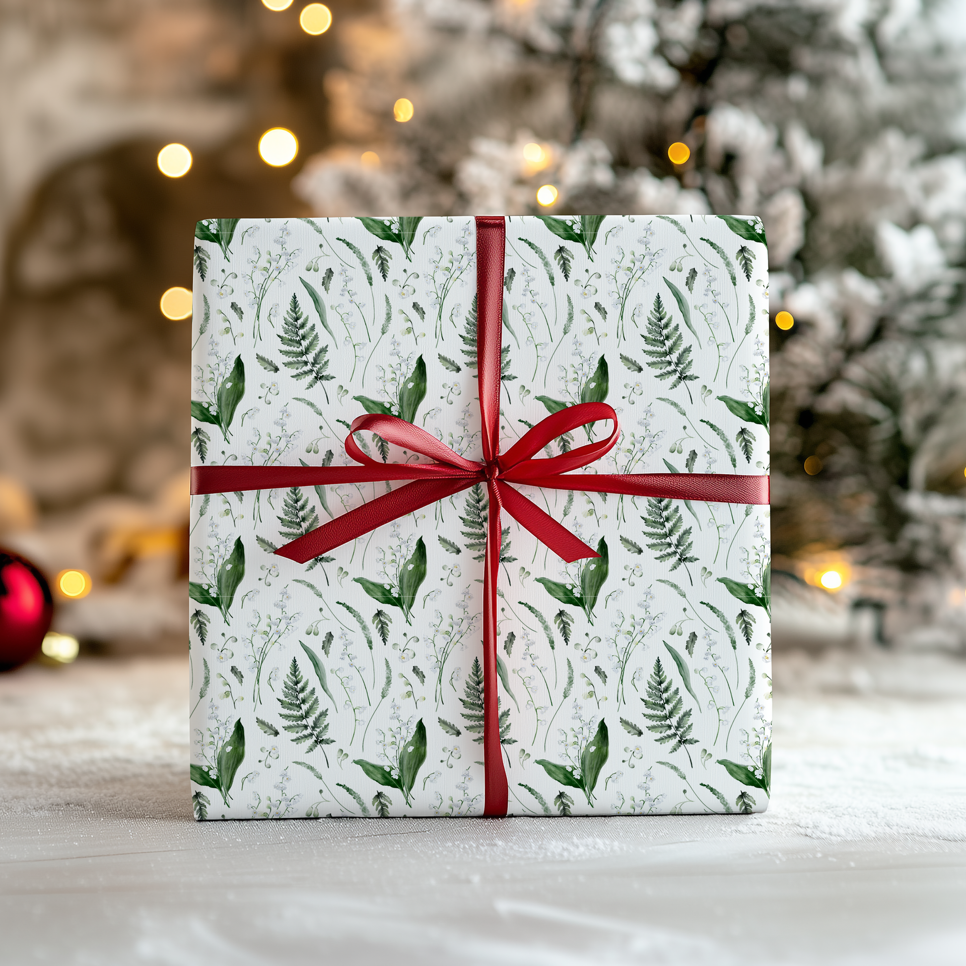 a present wrapped in white paper with a red ribbon