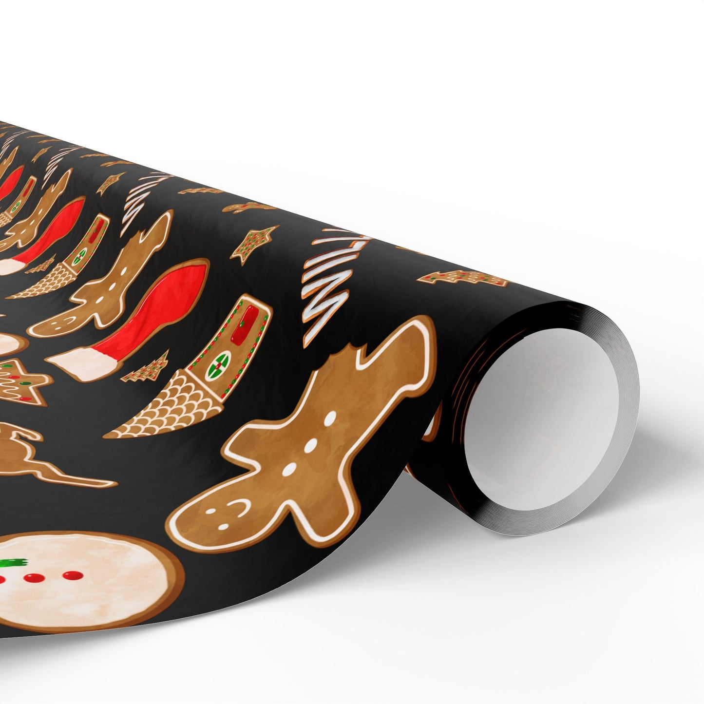a roll of black wrapping paper with gingers and christmas cookies on it