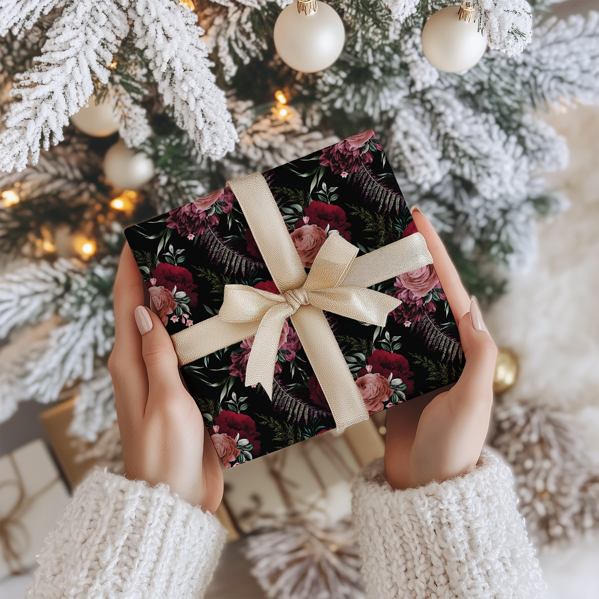 a woman holding a present in front of a christmas tree