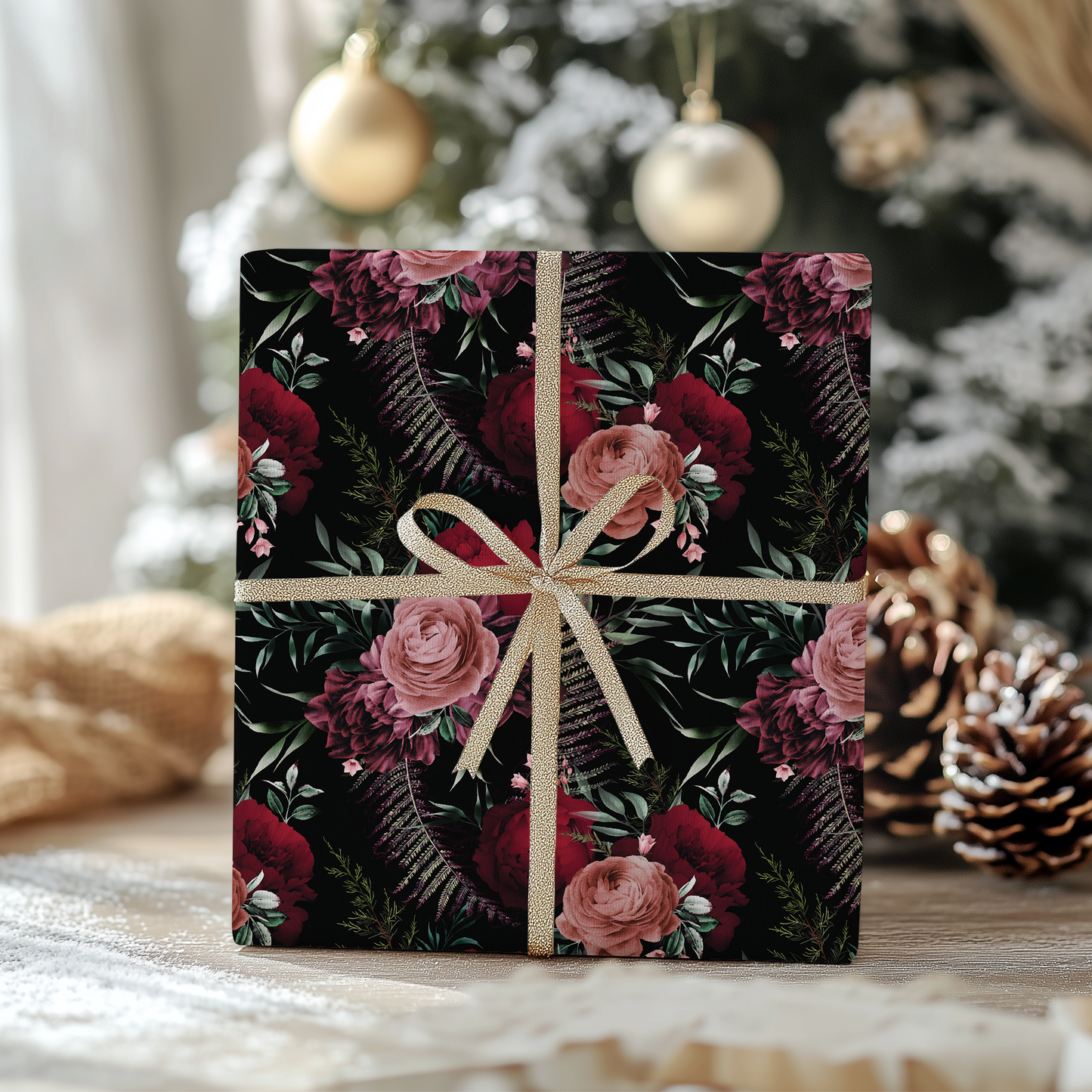 a gift wrapped in a floral print with a bow