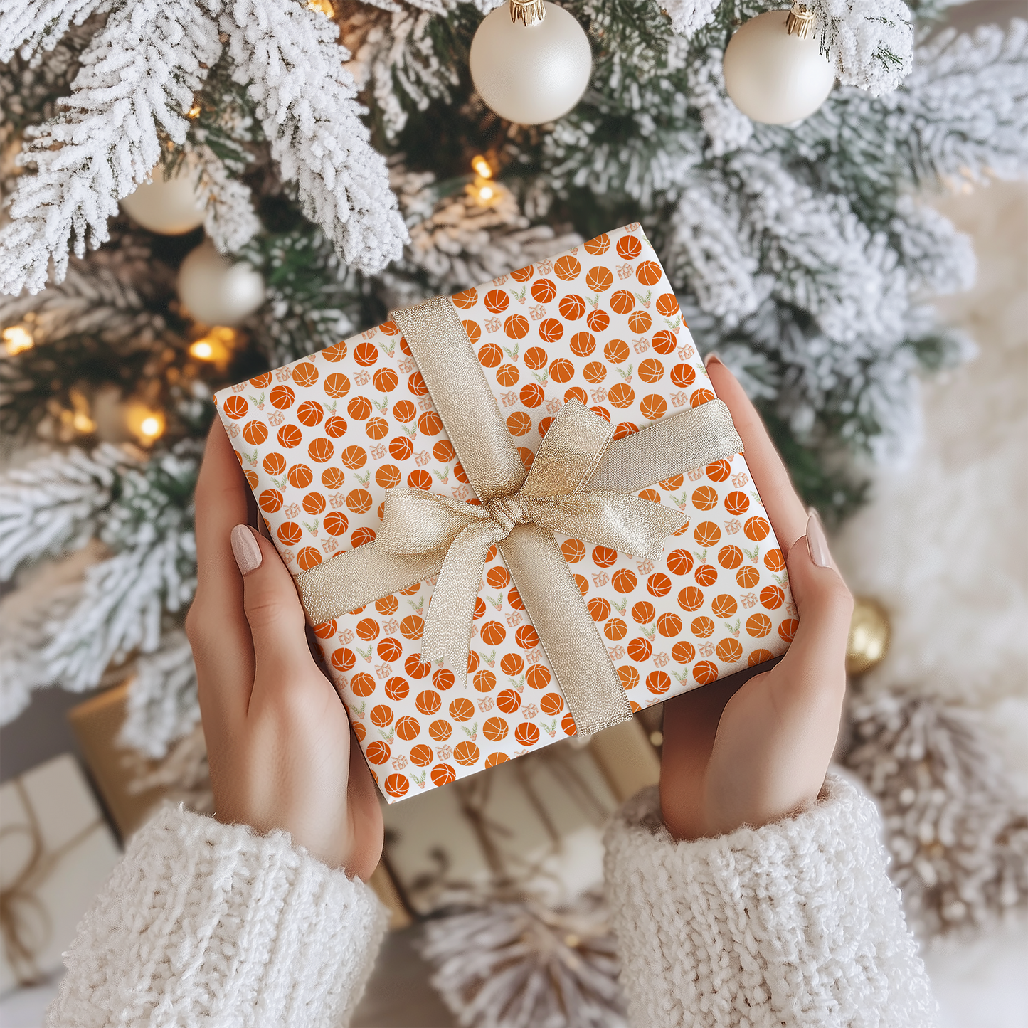 a person holding a present in front of a christmas tree
