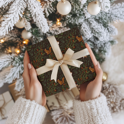 a woman holding a christmas present in front of a christmas tree