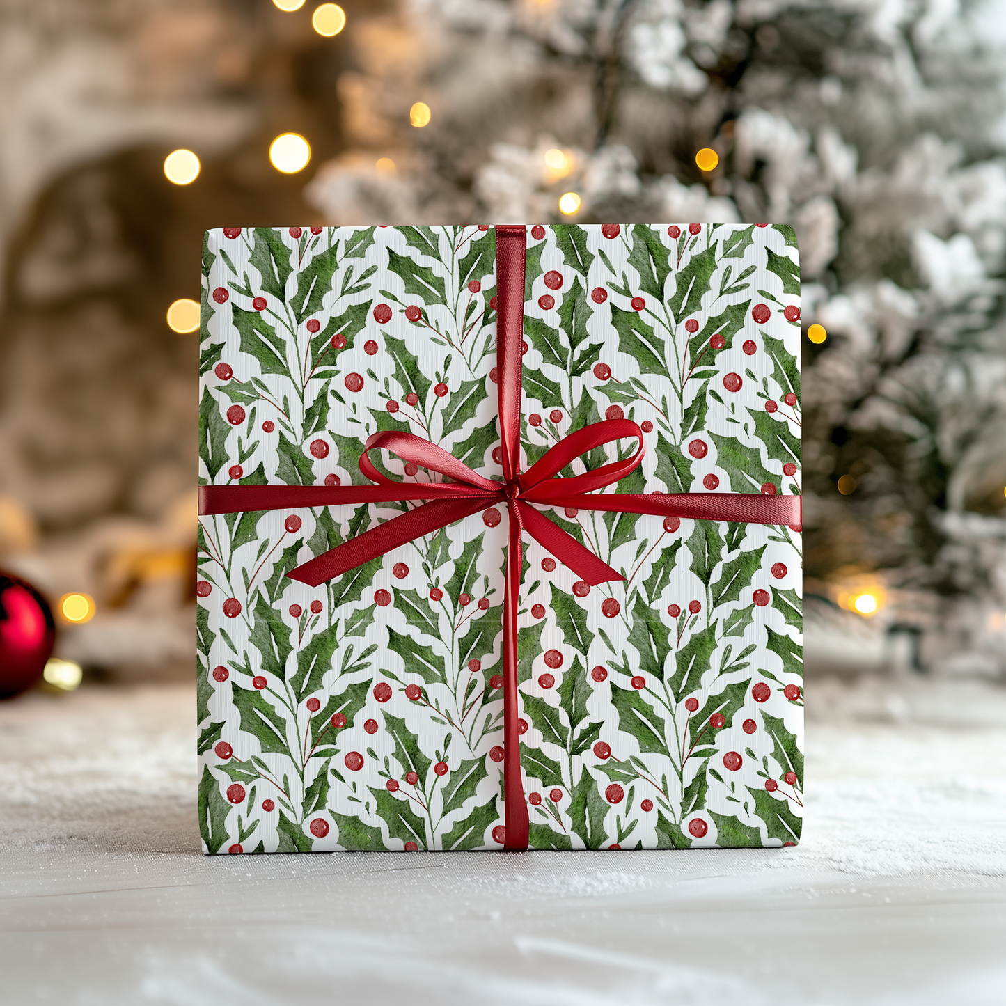 a christmas present wrapped in paper with a red bow