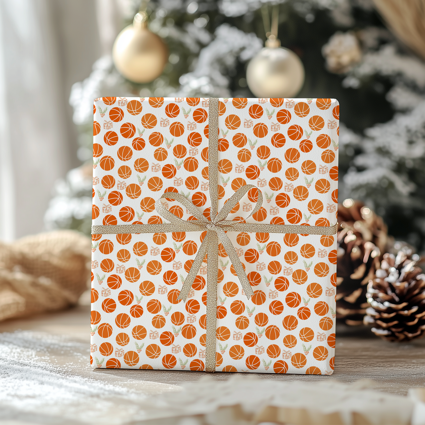 a present wrapped in orange and white paper with a bow
