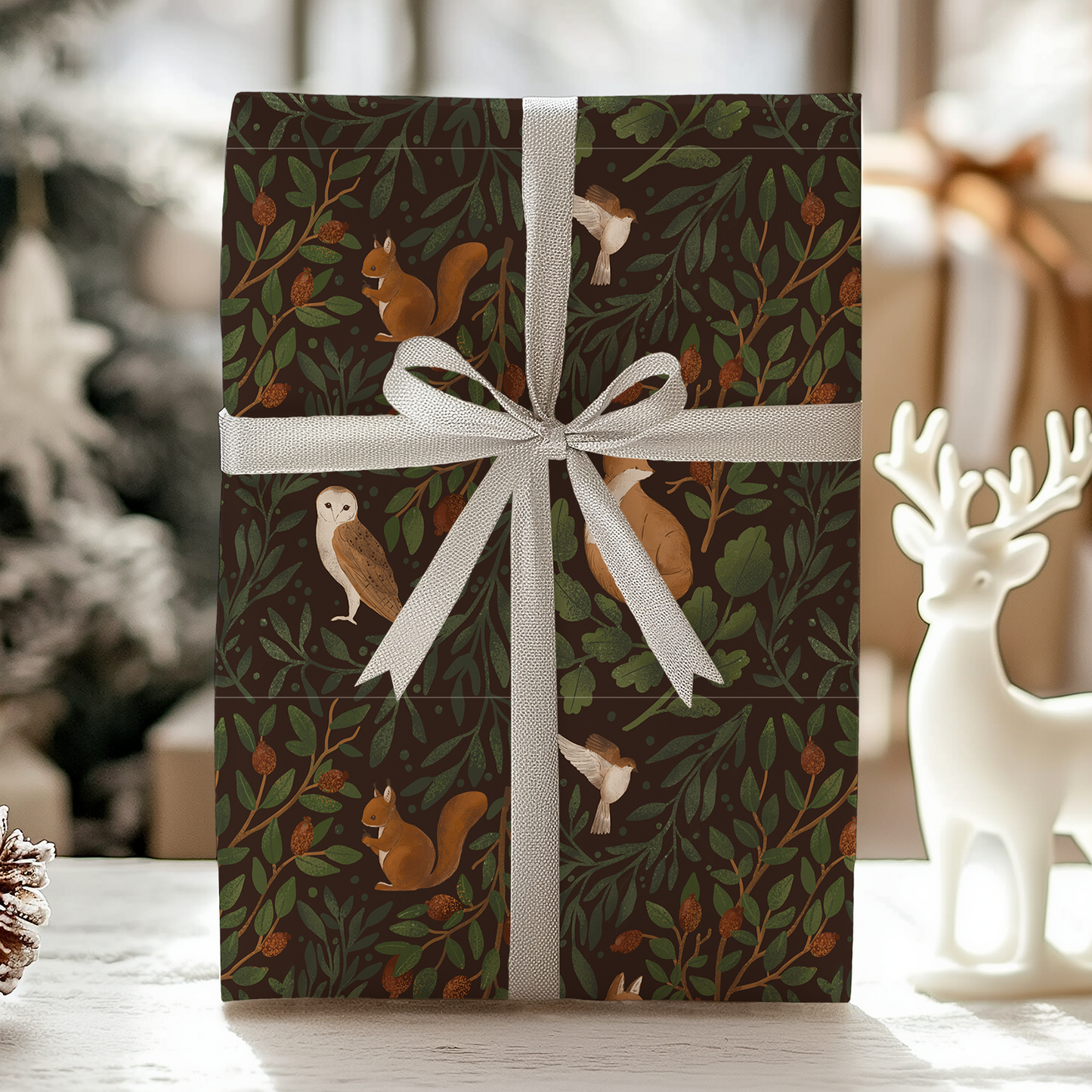 a christmas present wrapped in brown paper with a white bow